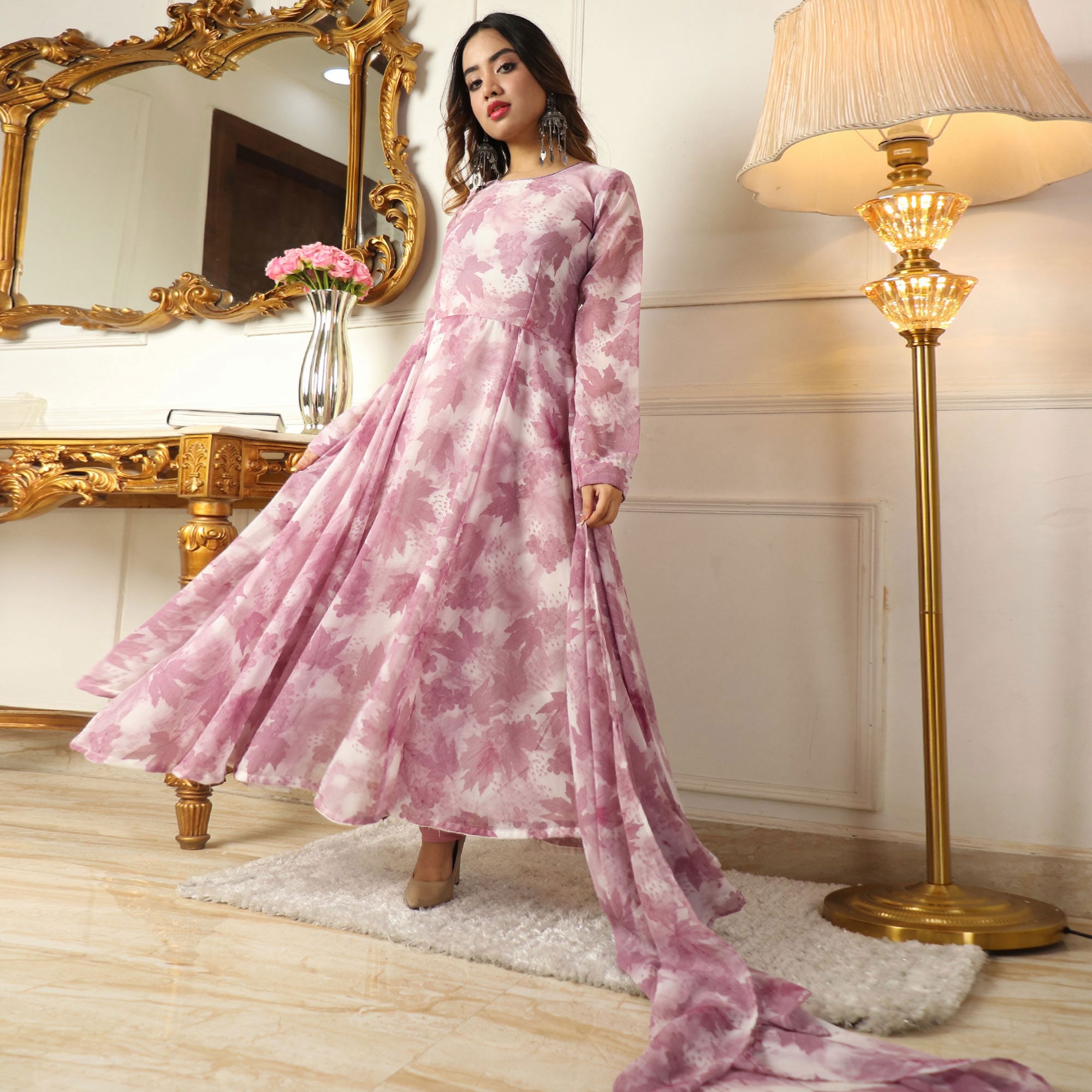 Purple Floral Printed Georgette Anarkali Suit