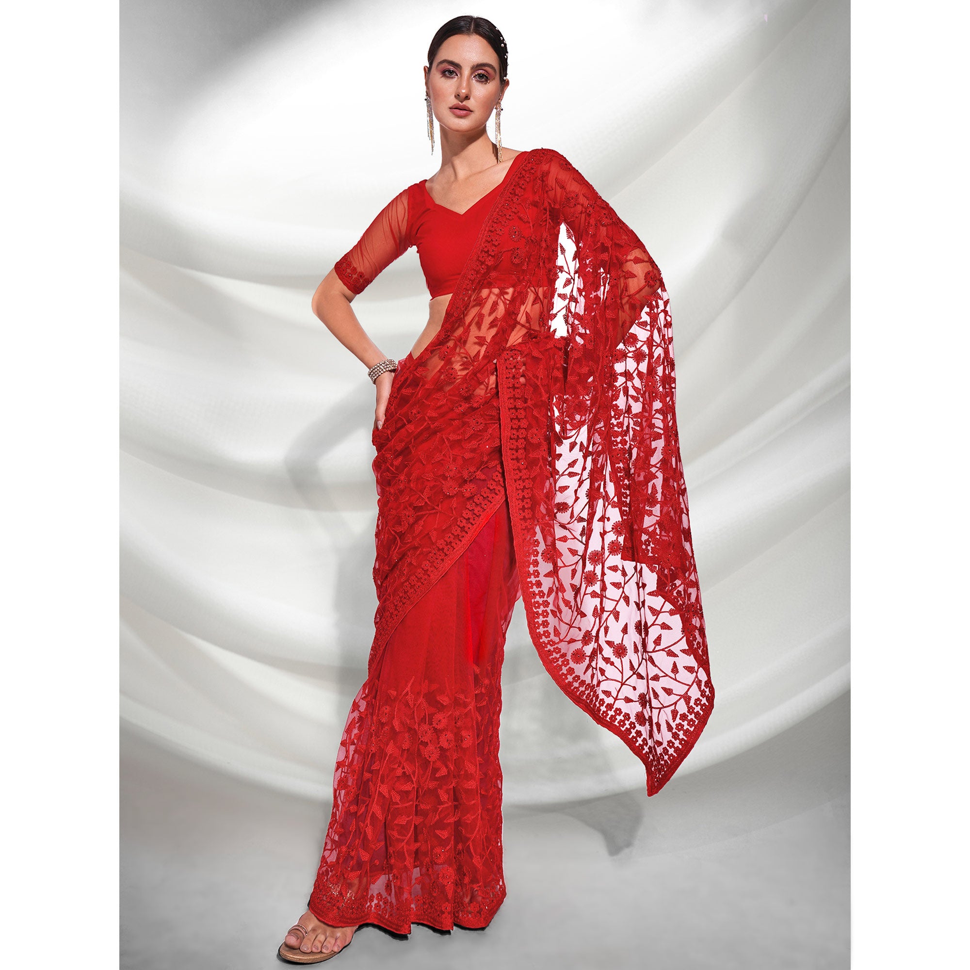 Red Floral Embroidered Soft Net Saree