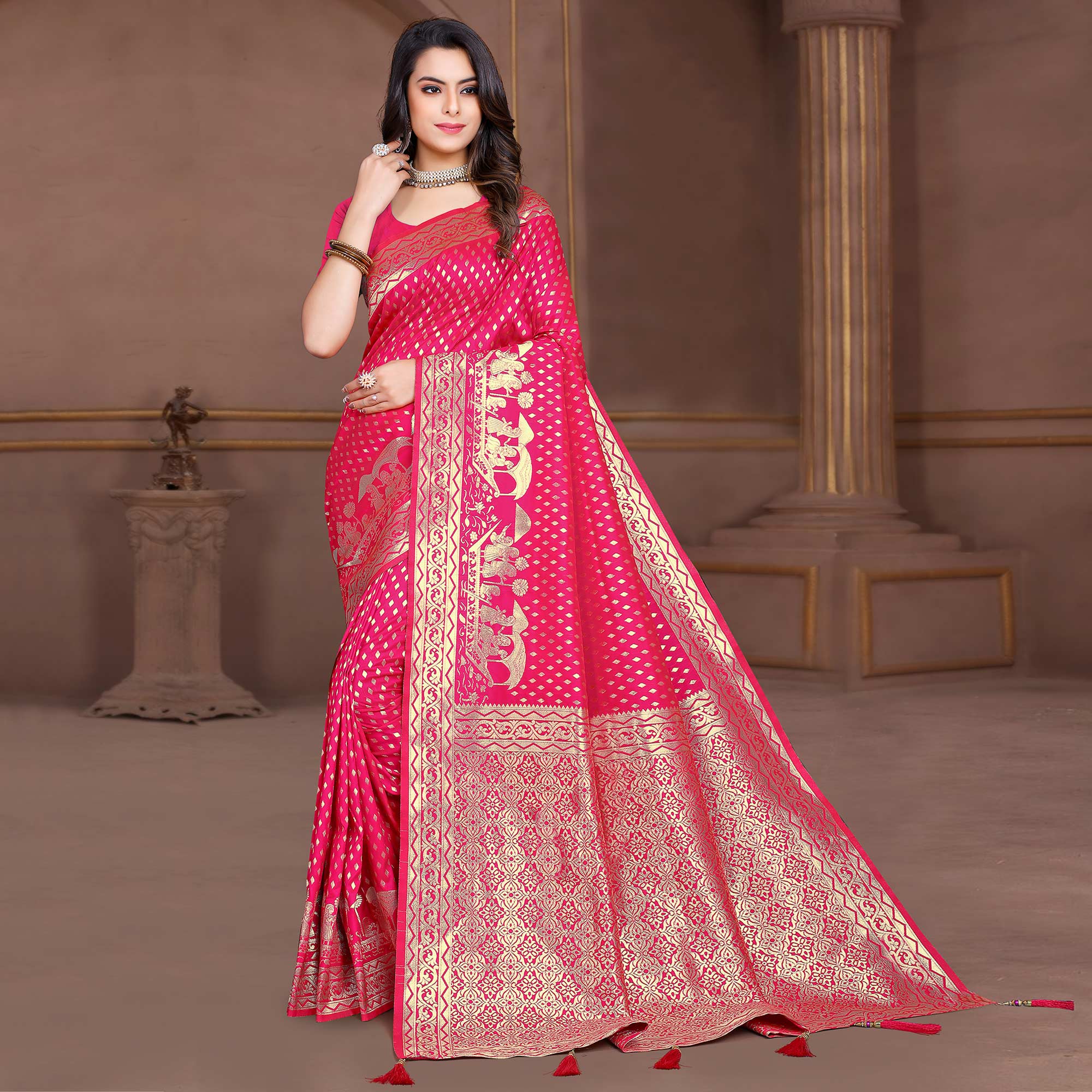 Rani Pink Woven Banarasi Silk Saree With Tassels