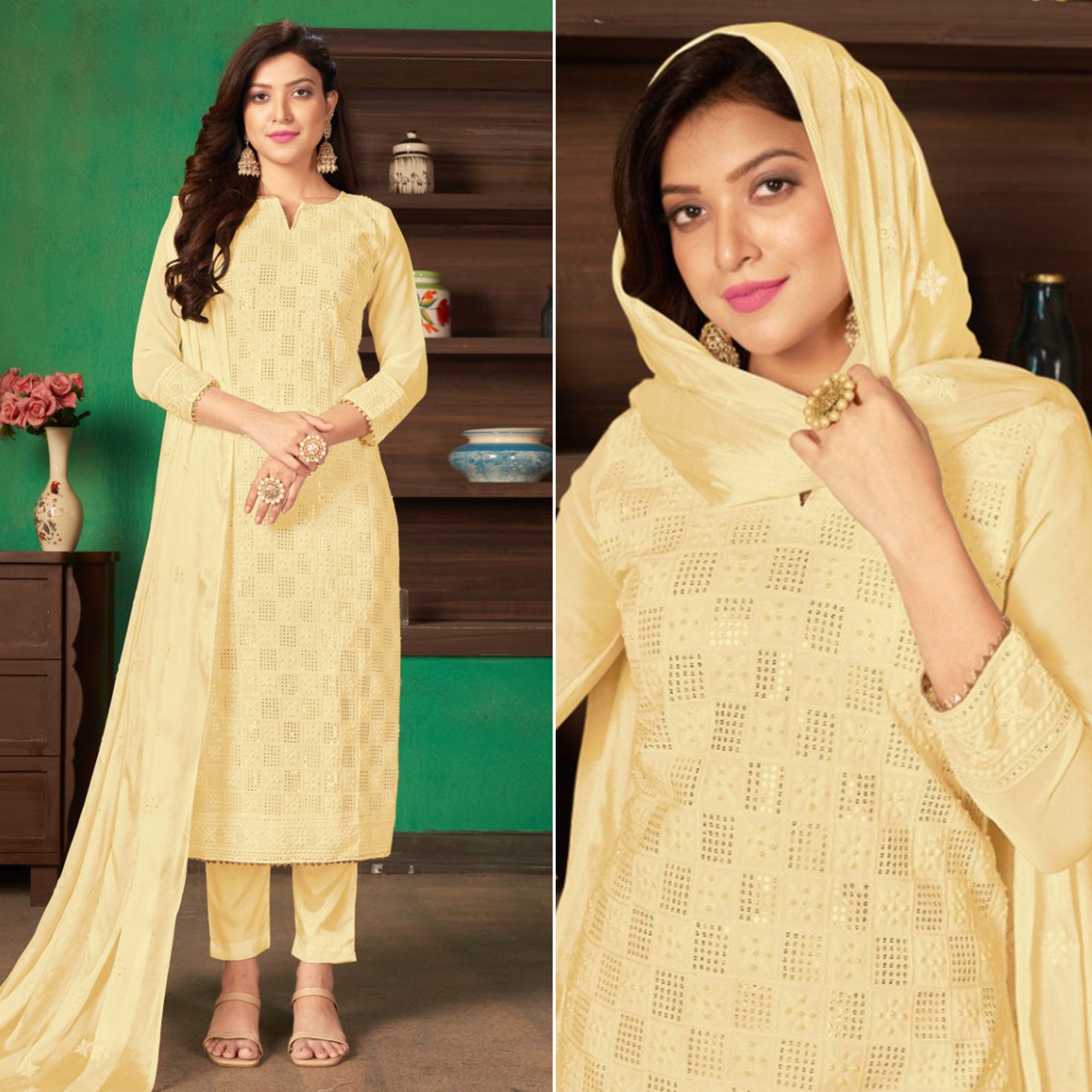 Yellow Sequins Embroidered Georgette Suit