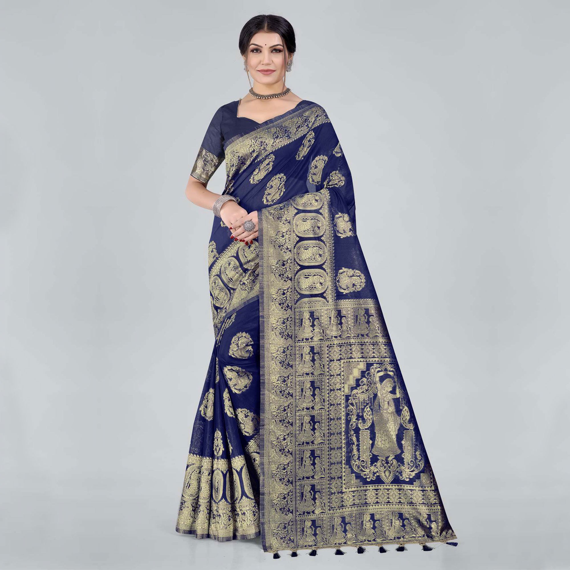 Blue Woven Organza Saree With Tassels