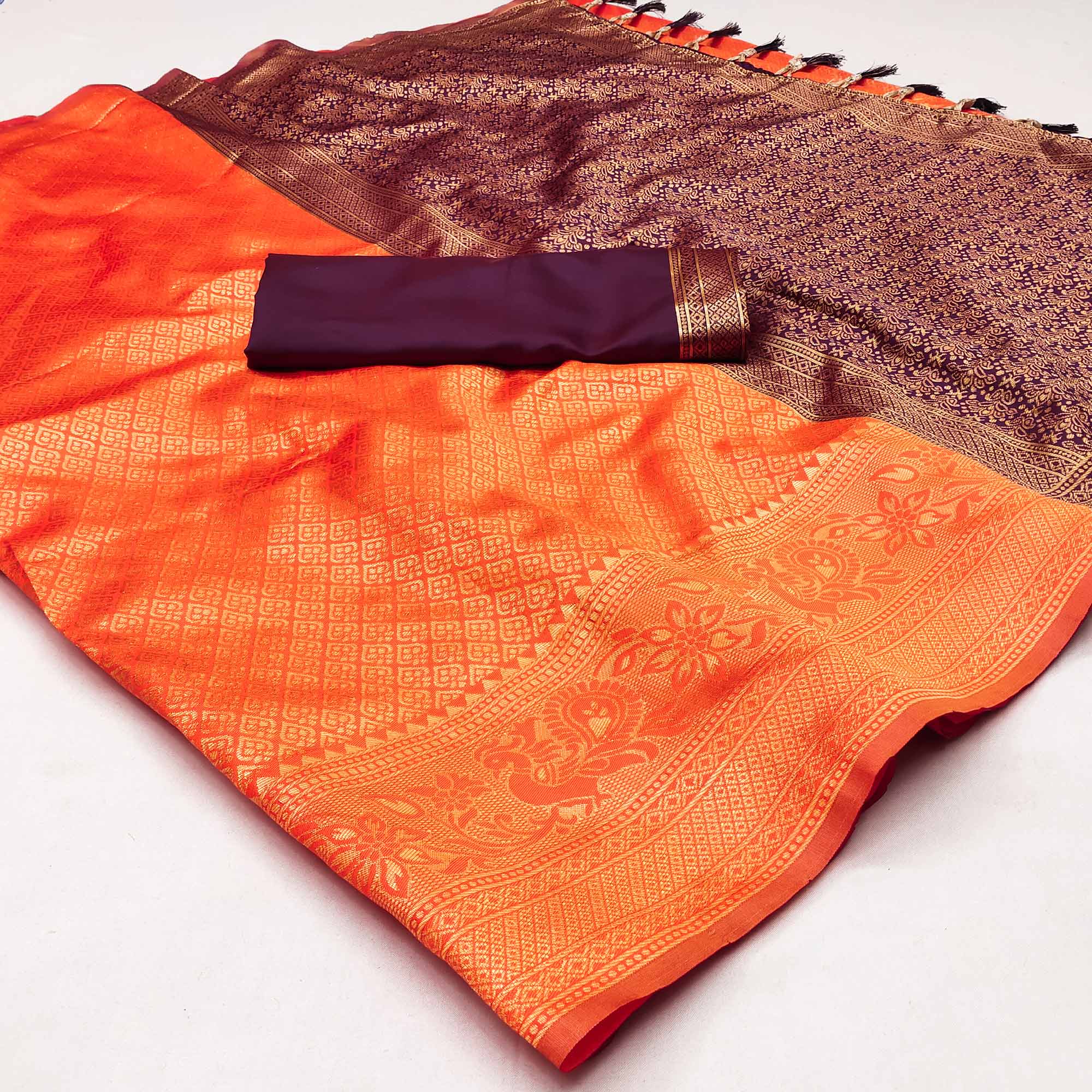Orange Woven Jacquard Saree With Tassels