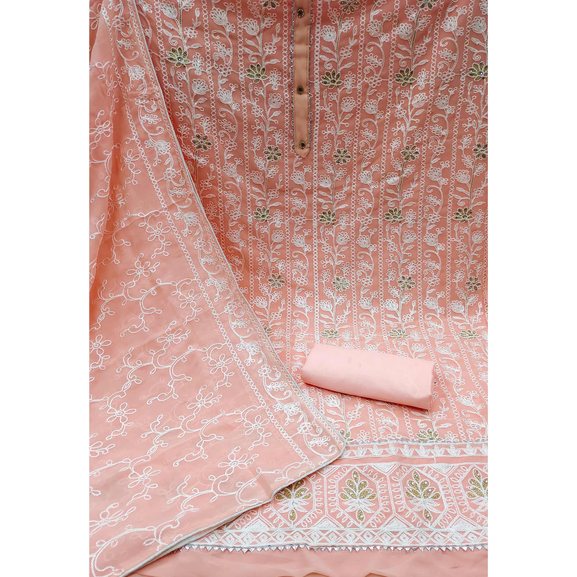 Peach Lucknowi Embroidered Georgette Dress Material
