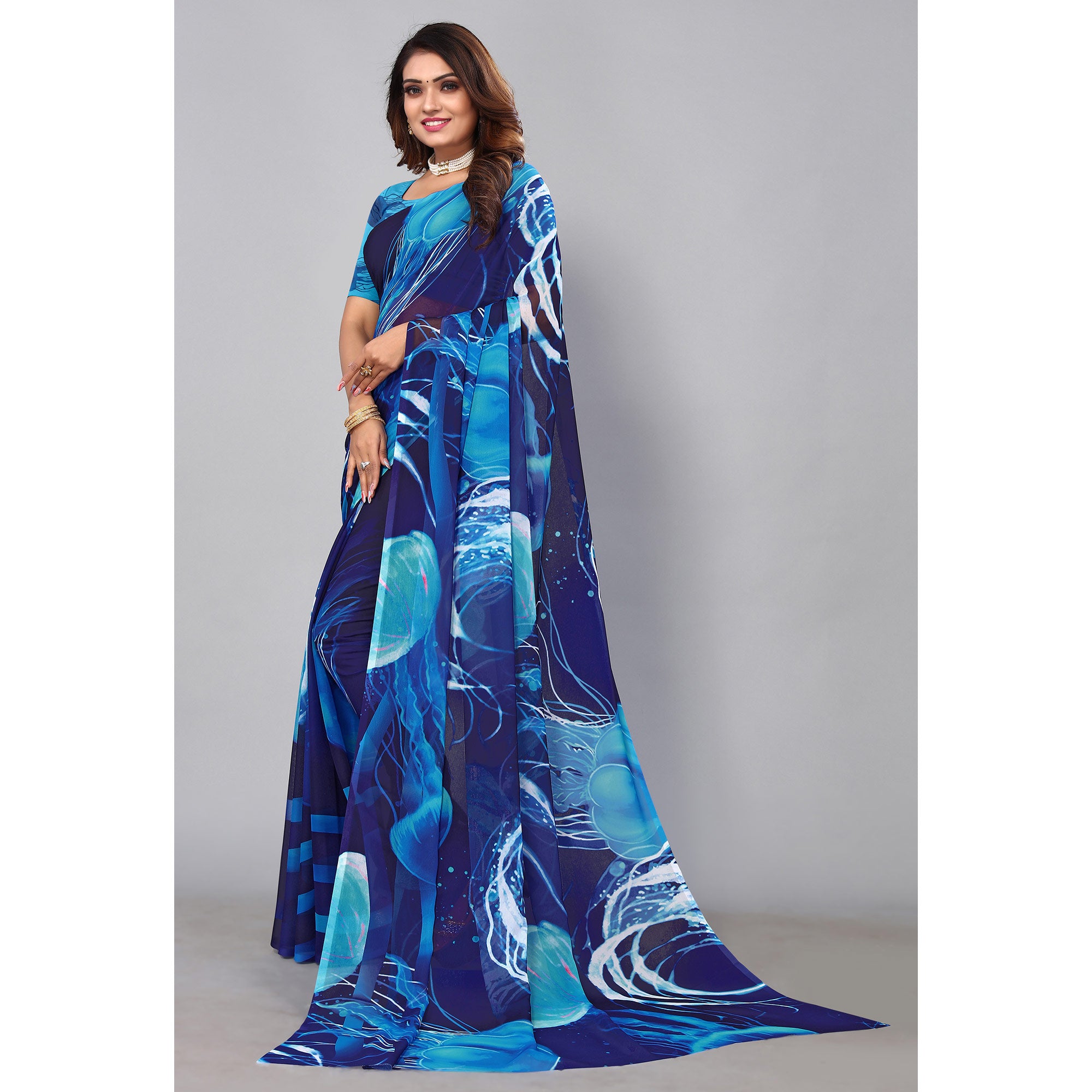 Blue Digital Printed Georgette Saree