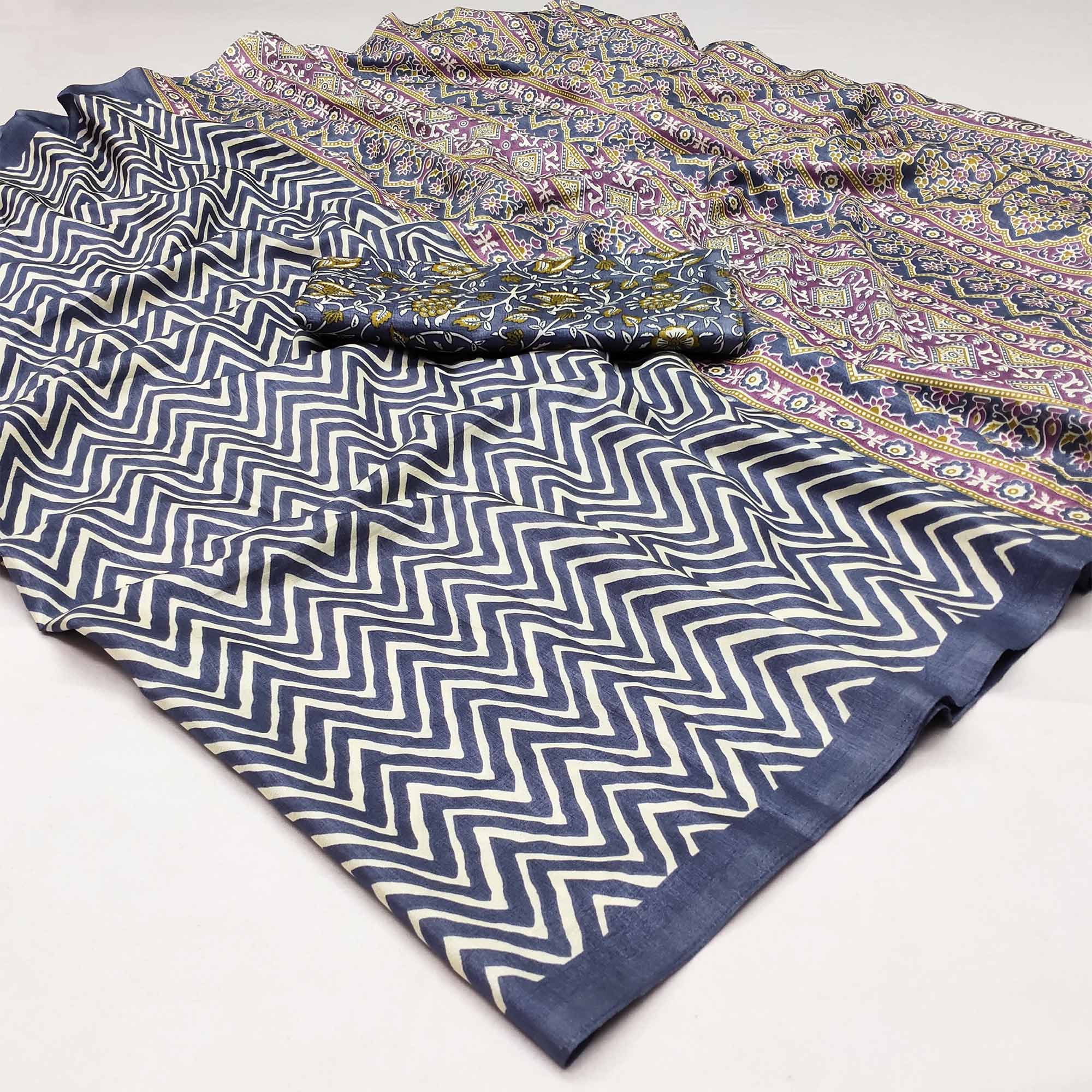 Grey Striped Printed Art Silk Saree