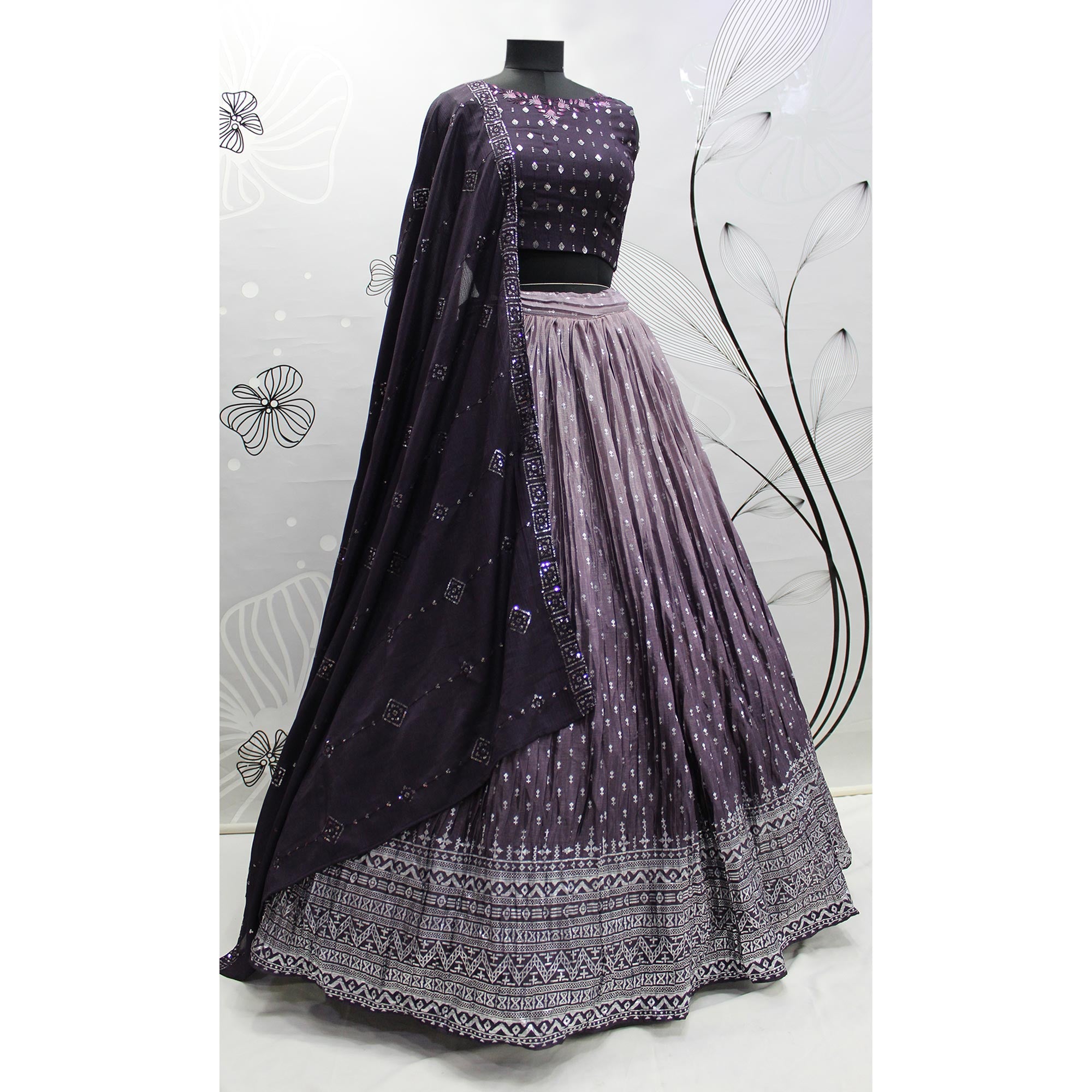 Violet Foil Printed Chiffon Lehenga Choli