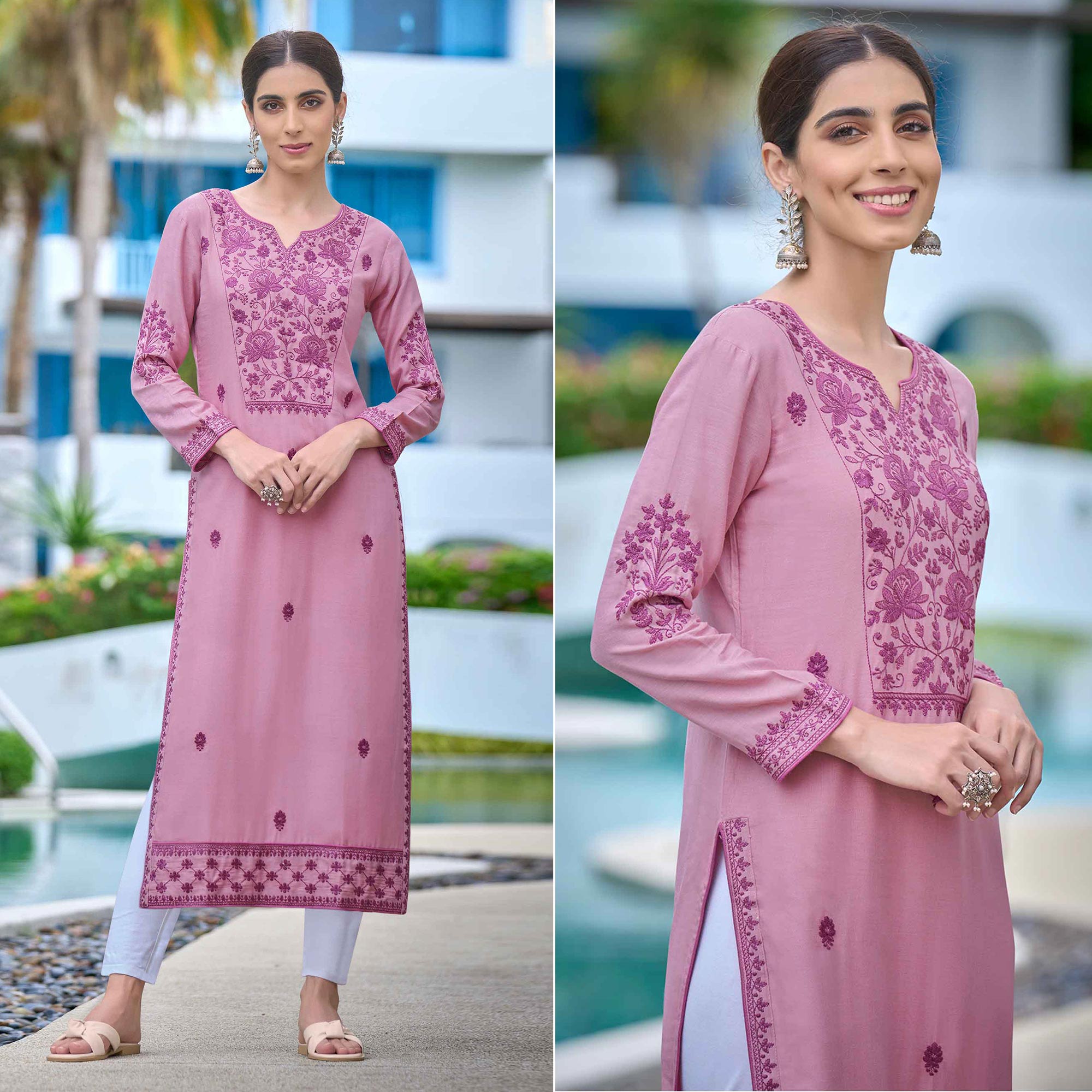 Mauve Lucknowi Embroidered Rayon Kurti