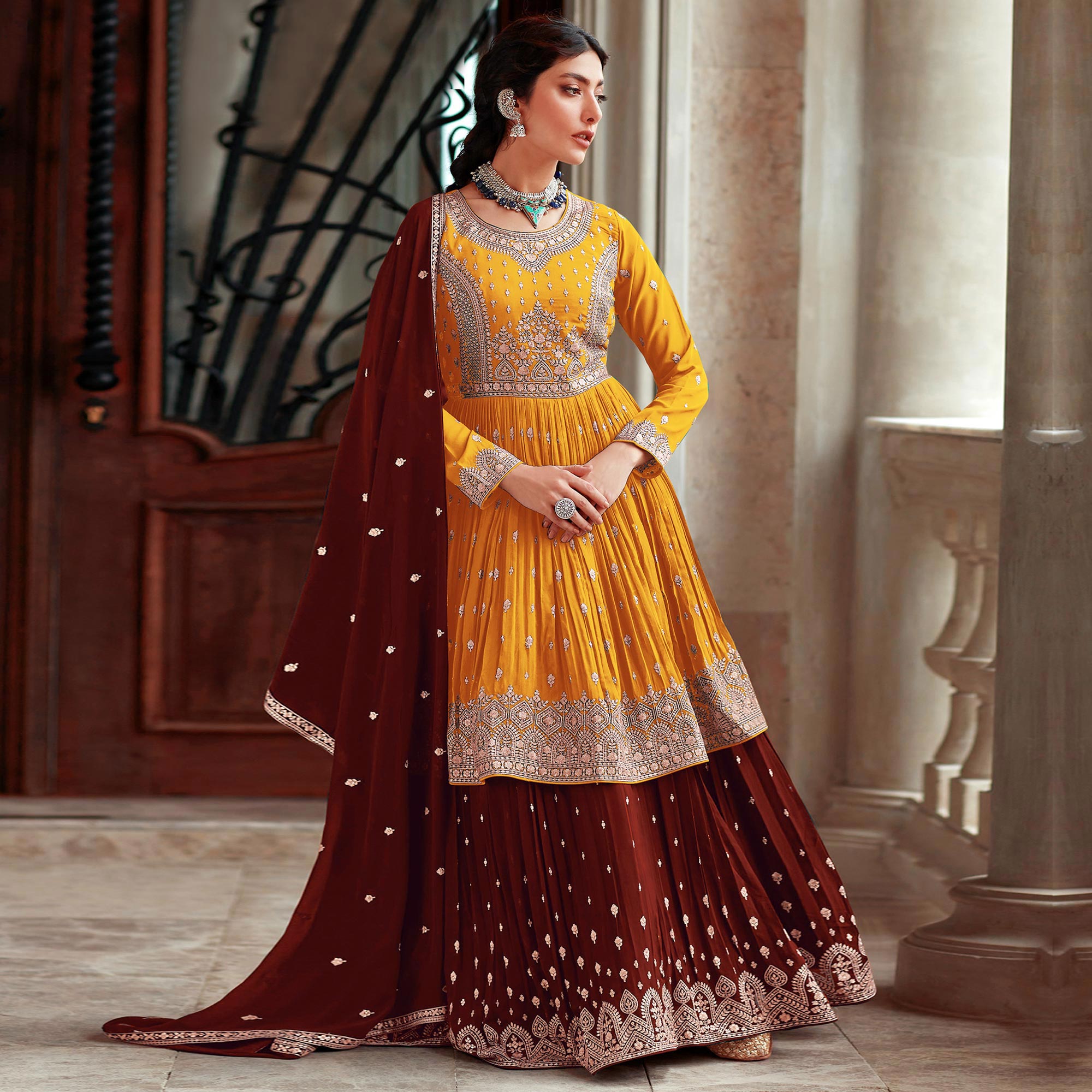 Mustard Floral Embroidered Georgette Sharara Suit