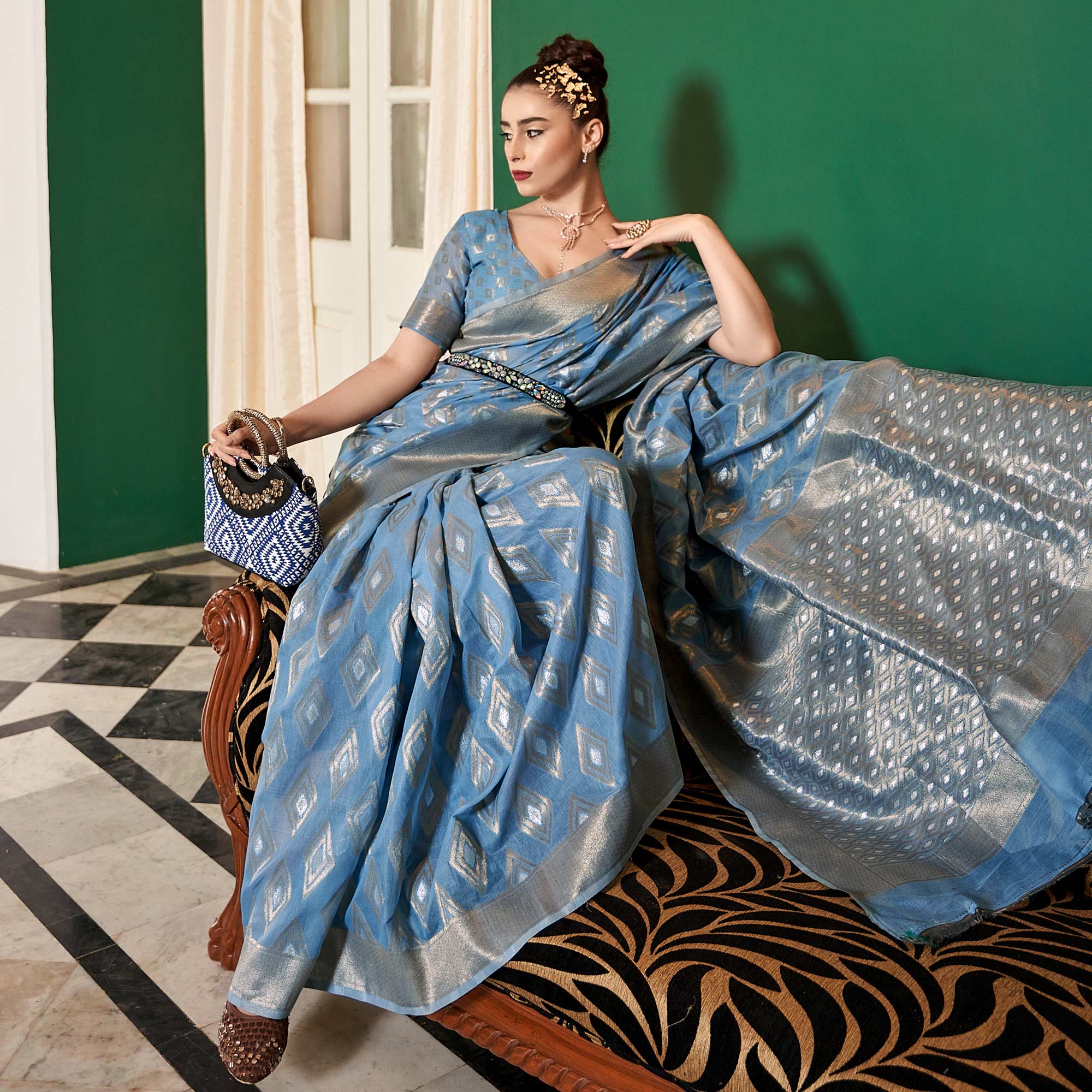 Blue Woven Cotton Silk Saree