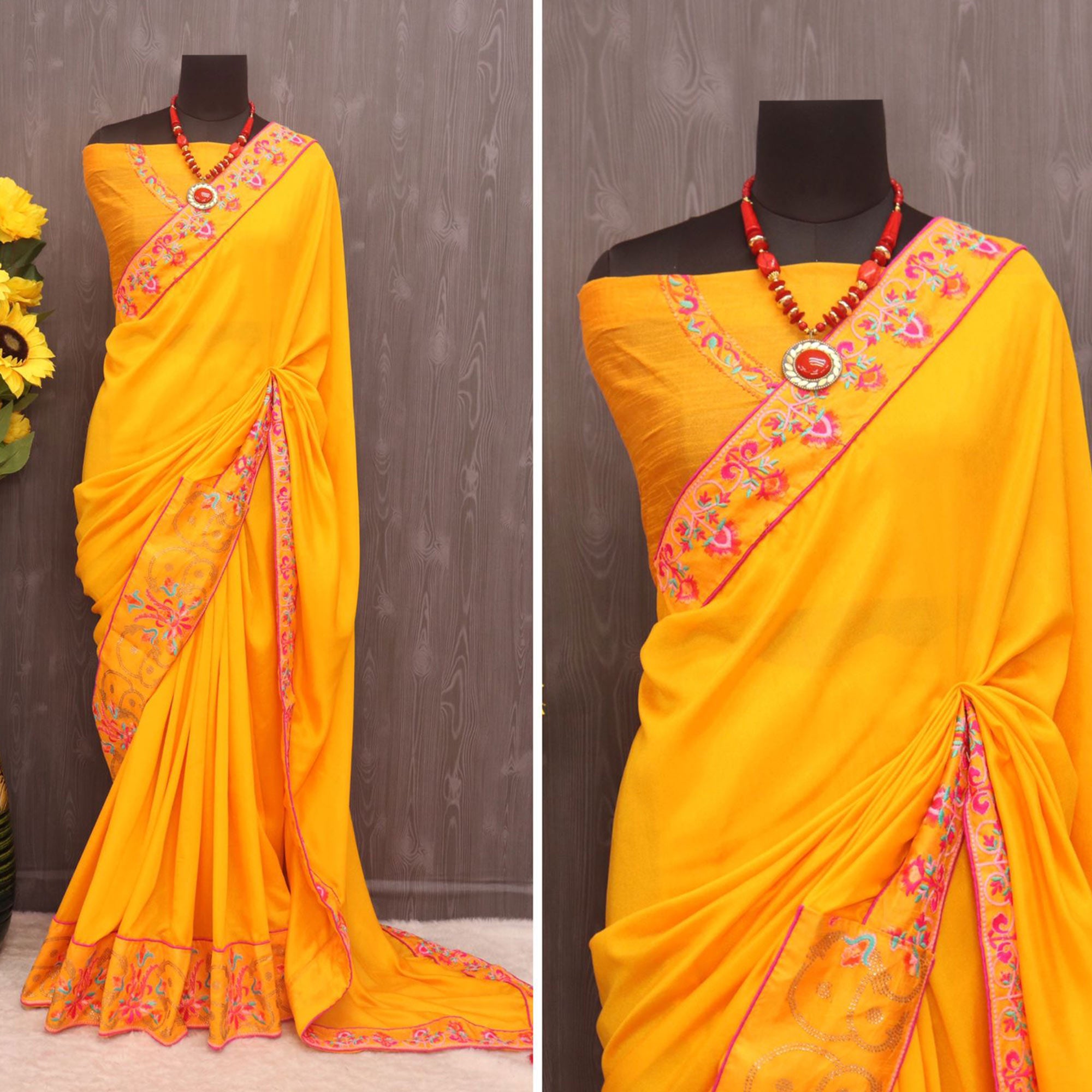 Yellow Floral Embroidered Vichitra Silk Saree