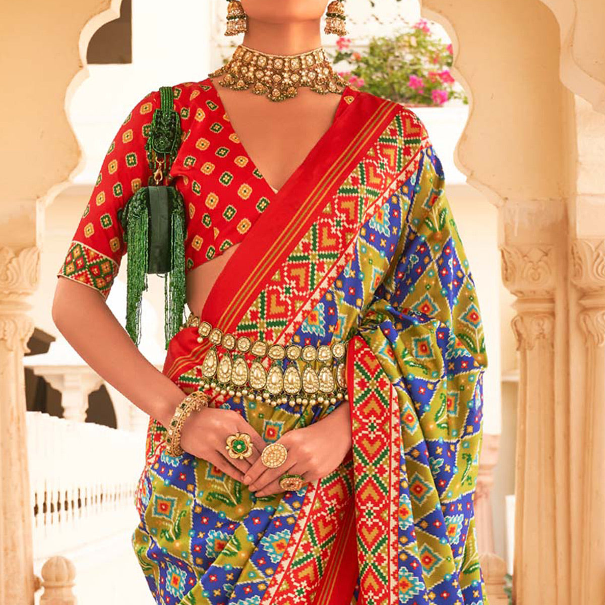 Green & Blue Printed Tussar Silk Saree With Tassels