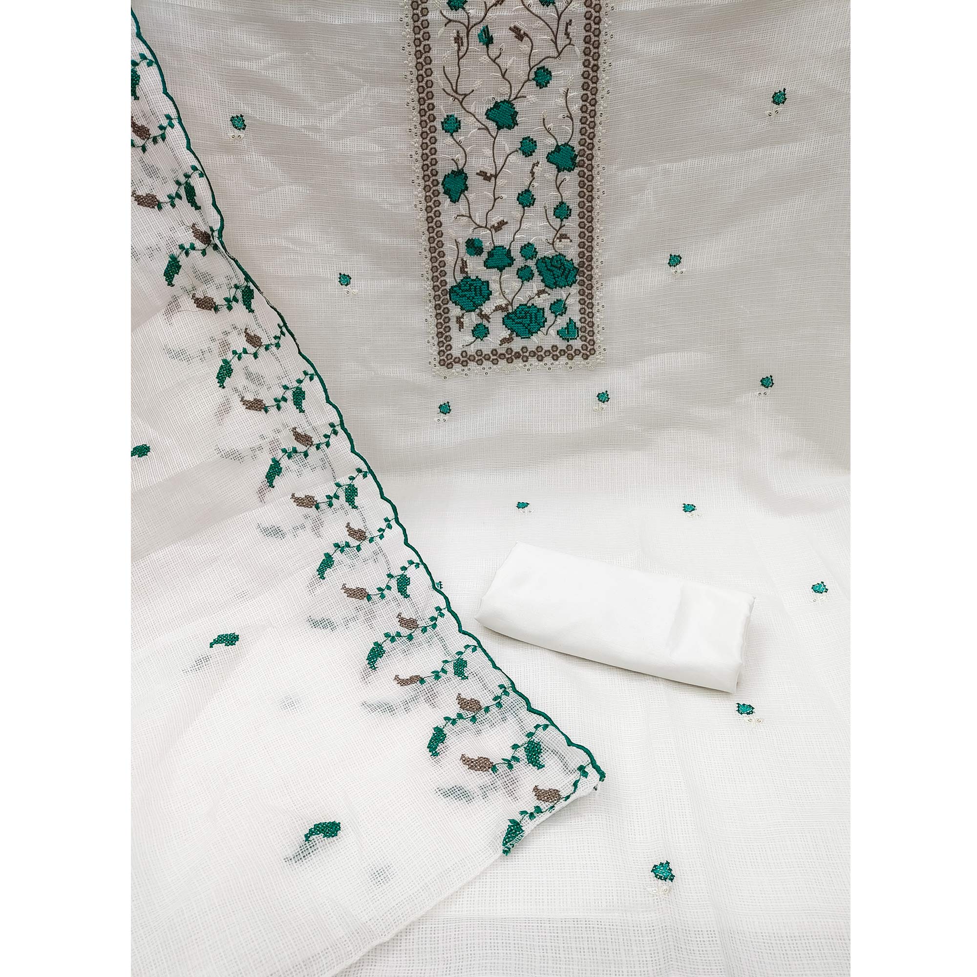 White & Green Floral Embroidered Kota Doria Dress Material