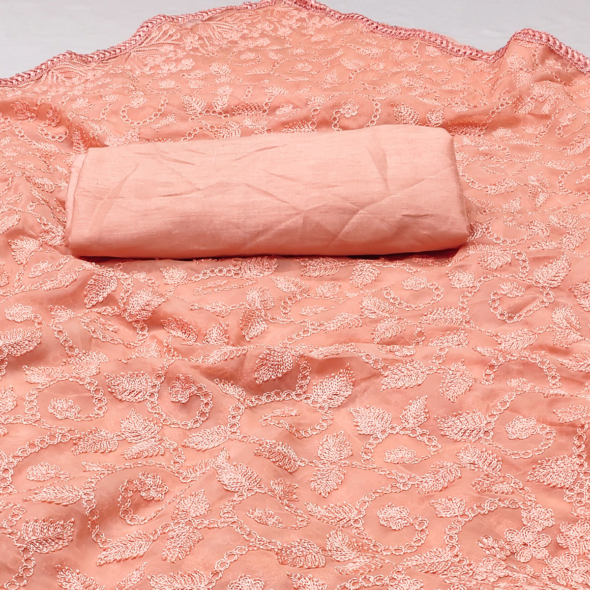 Peach Floral Embroidered Organza Saree