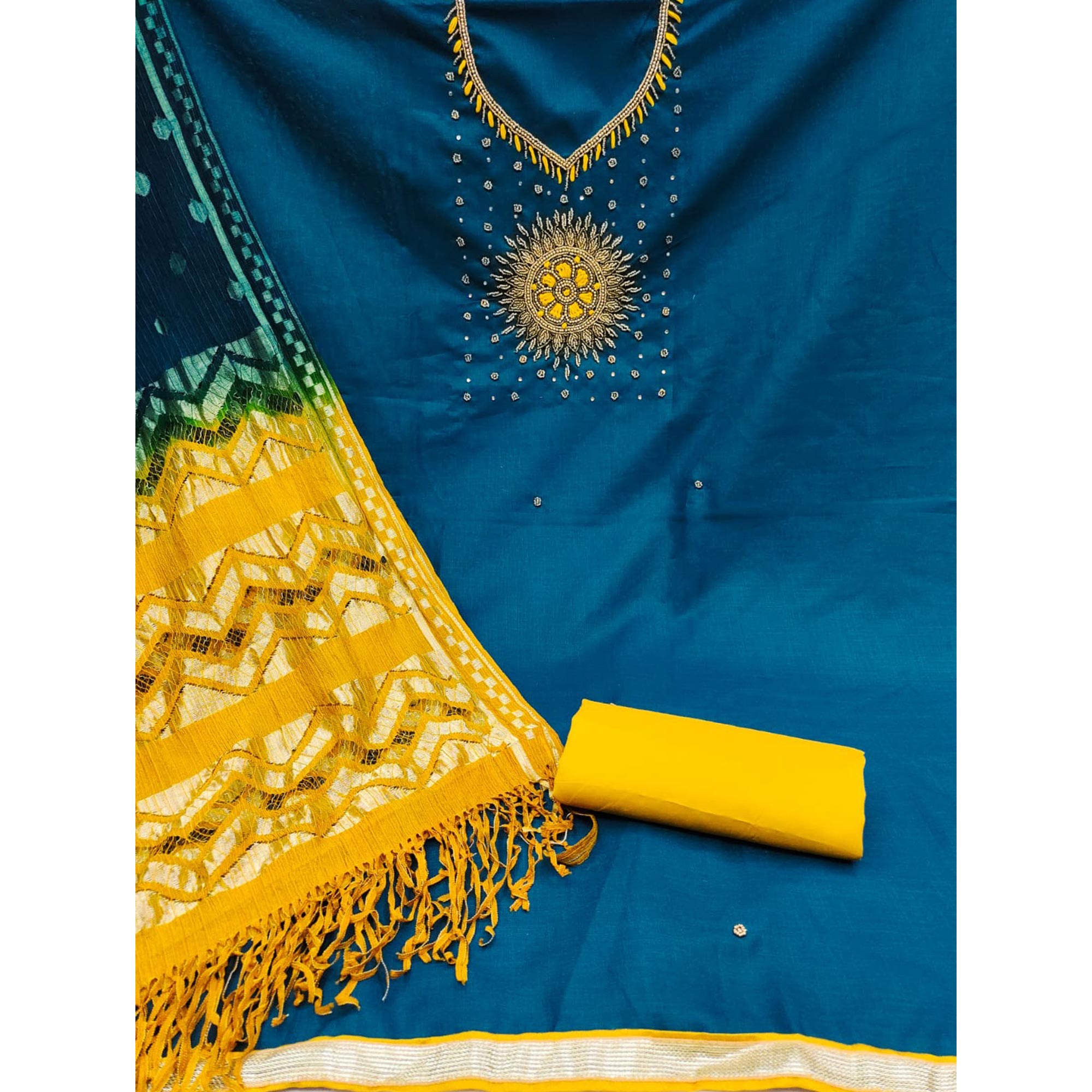 Blue Pearl Handwork Cotton Slub Dress Material