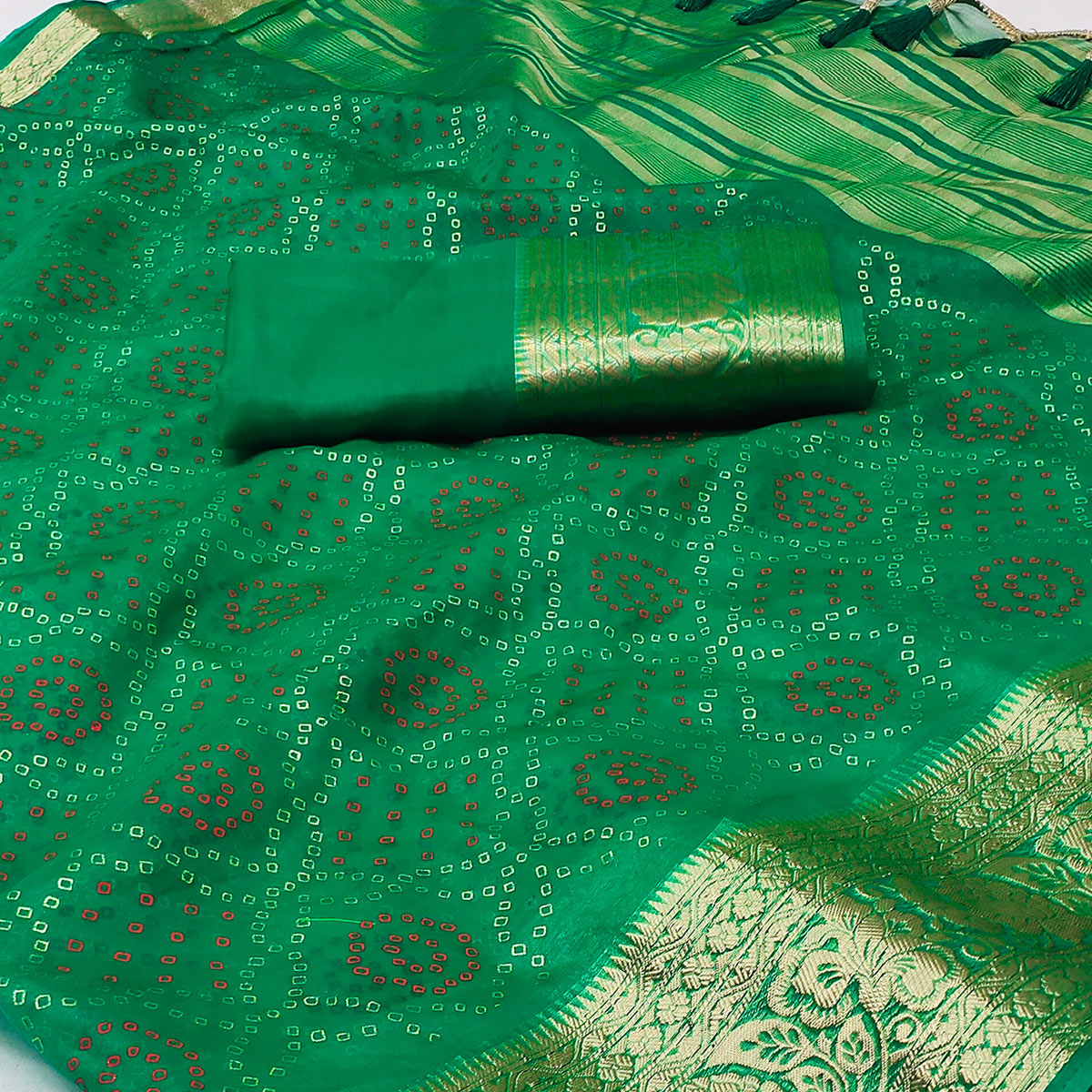 Green Bandhani Printed Organza Saree With Tassels