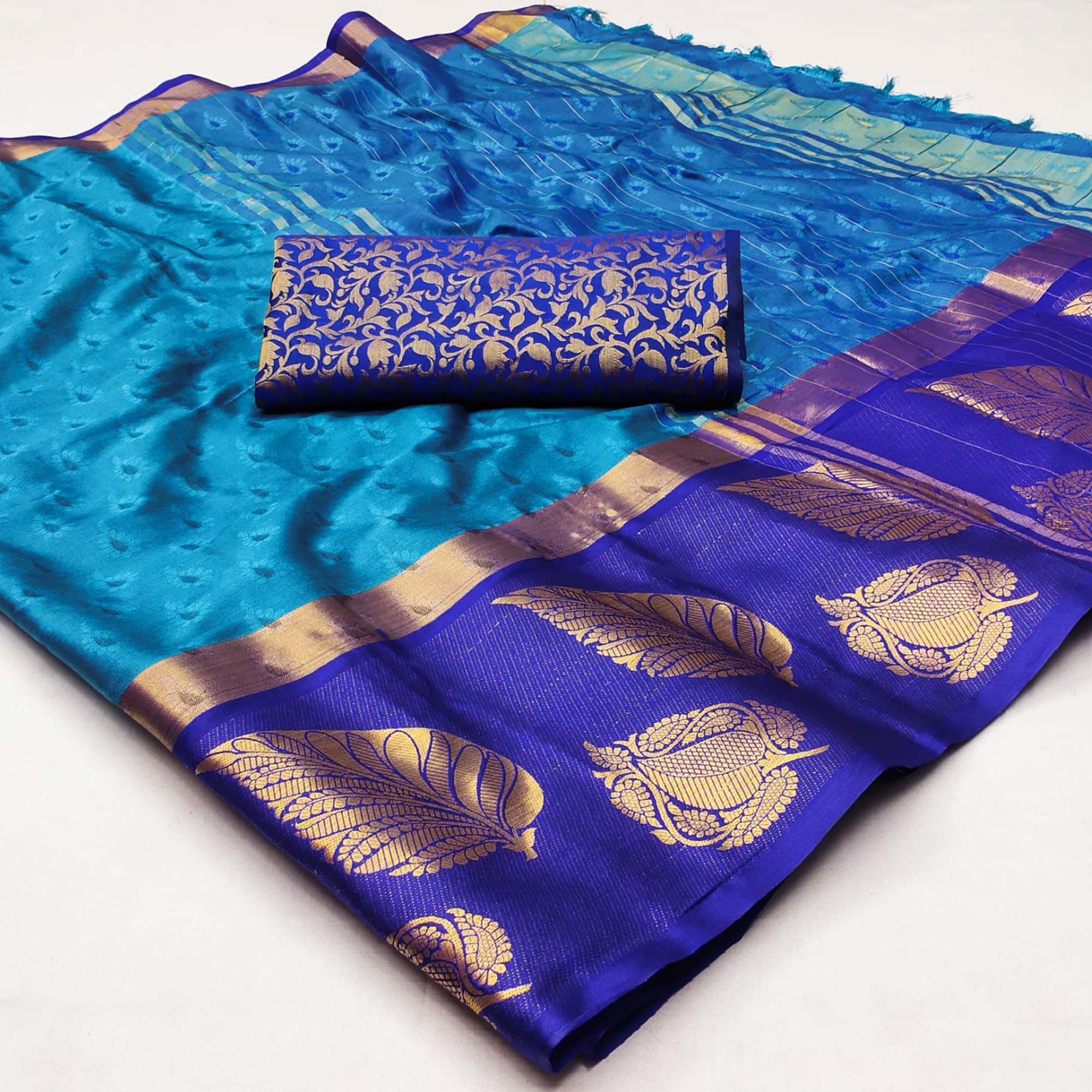 Sky Blue Woven Cotton Silk Saree With Tassels