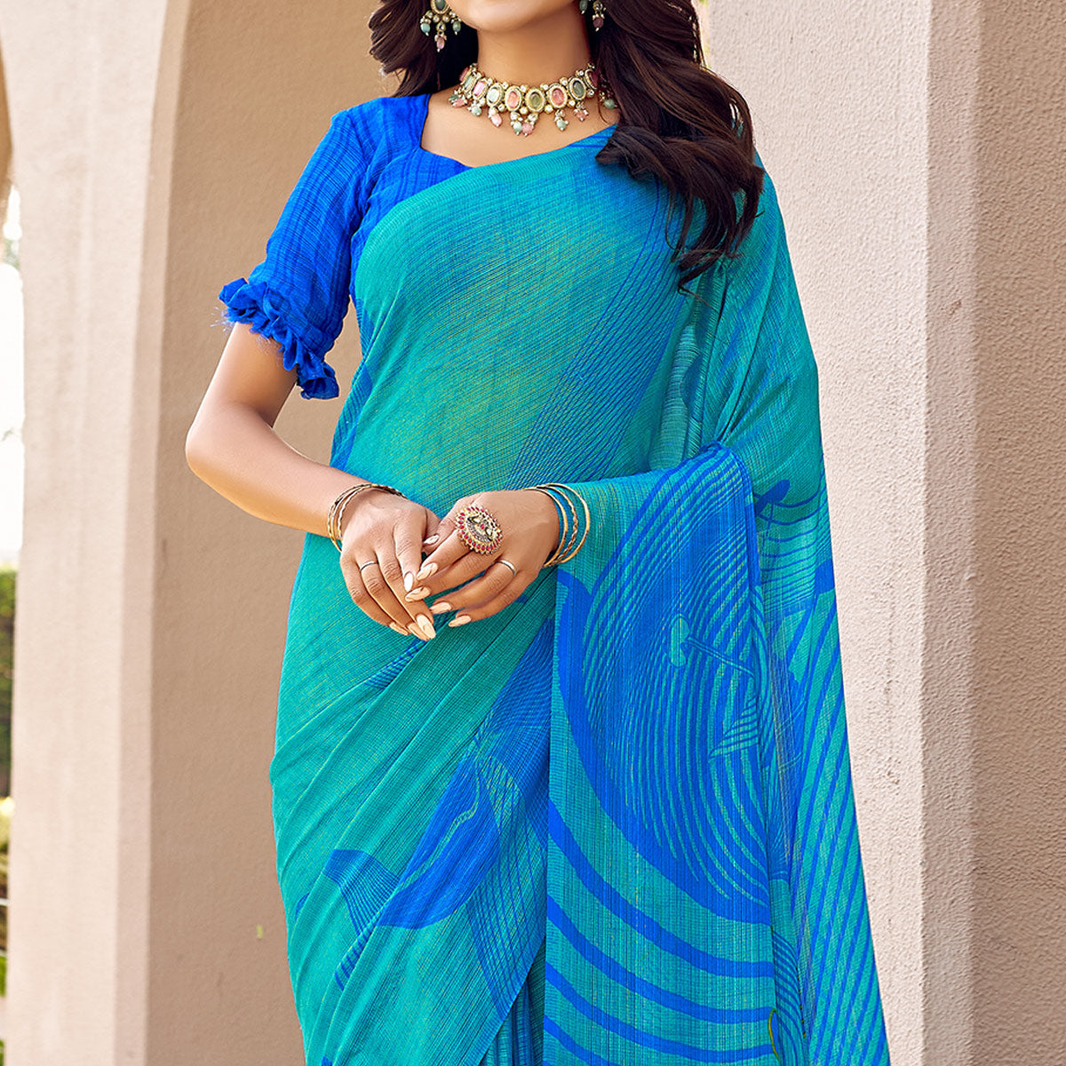 Sea Green Blue Printed Chiffon Saree