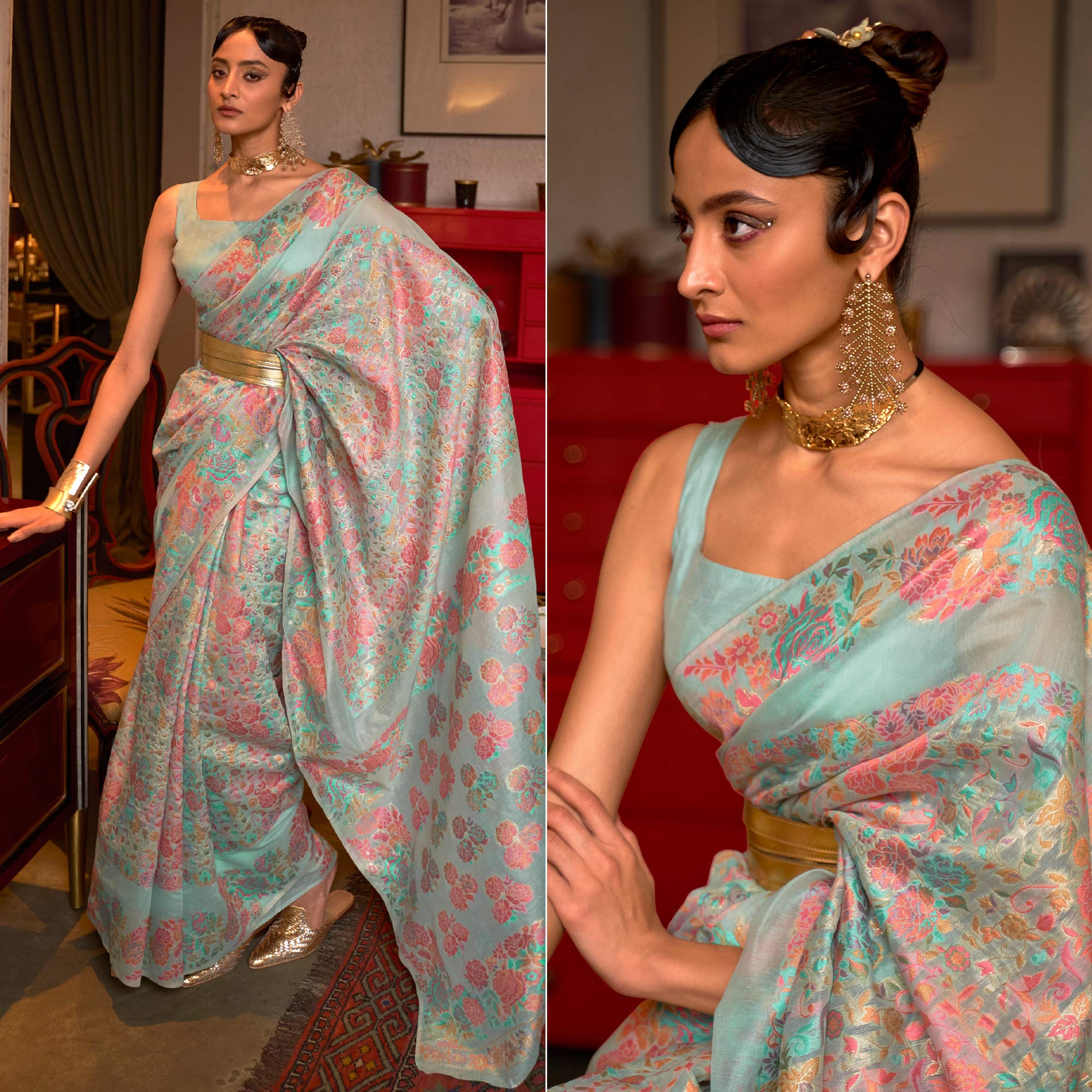 Turquoise Floral Woven Art Silk Saree