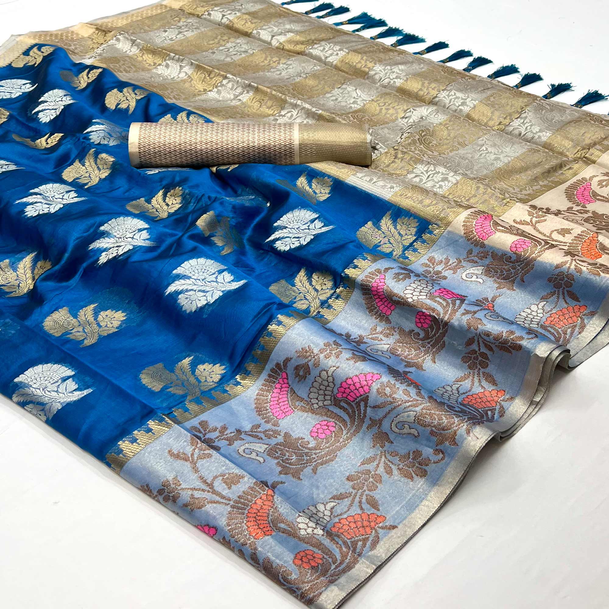 Blue Floral Woven Organza Saree With Tassels