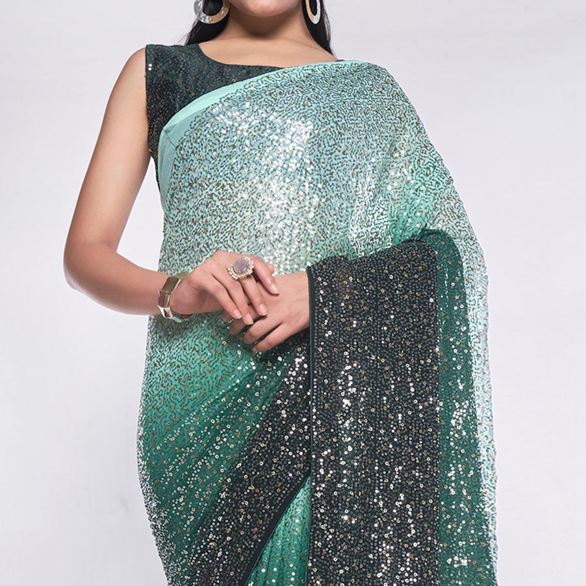 Green Sequins Embroidered Georgette Saree