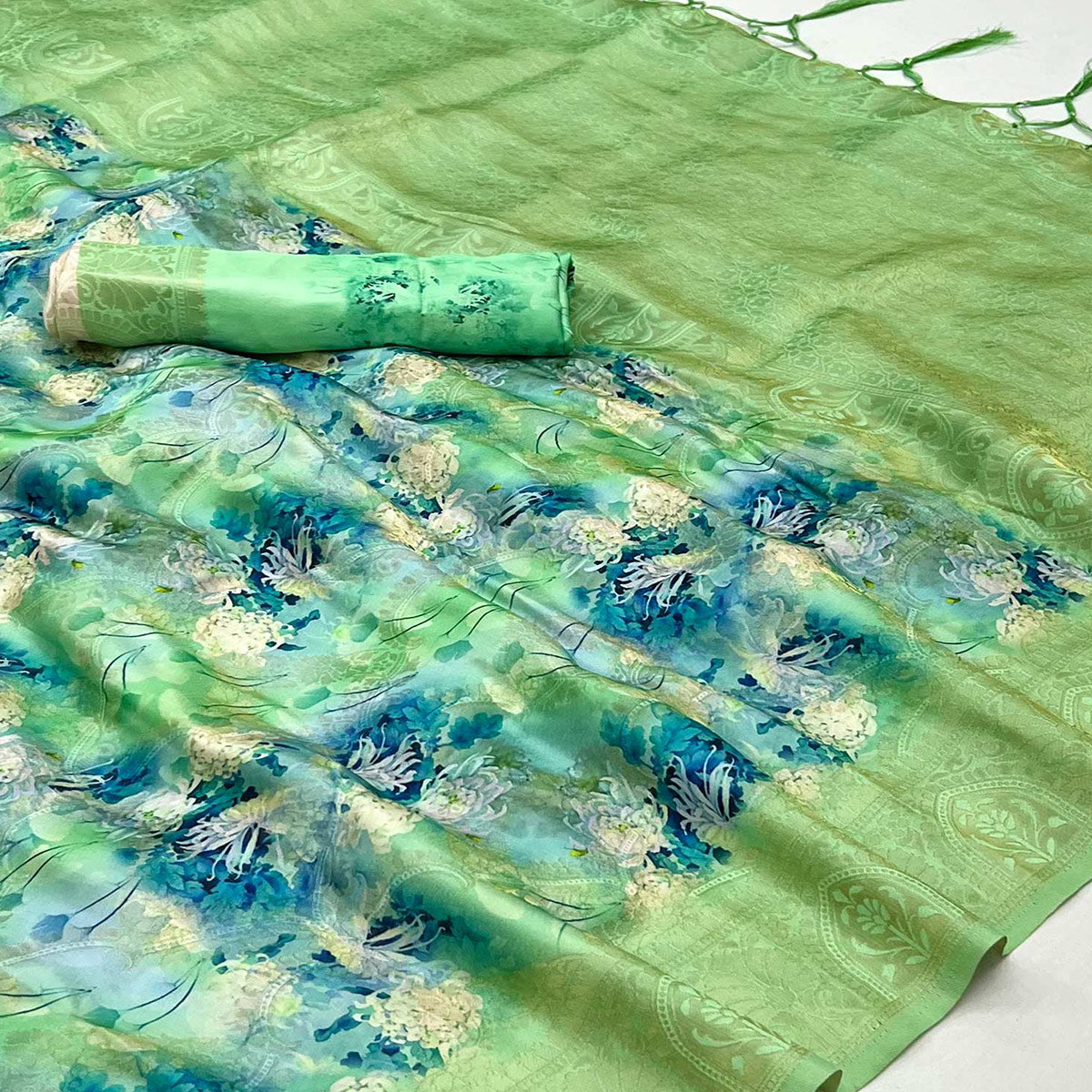 Green Floral Digital Printed Jacquard Saree