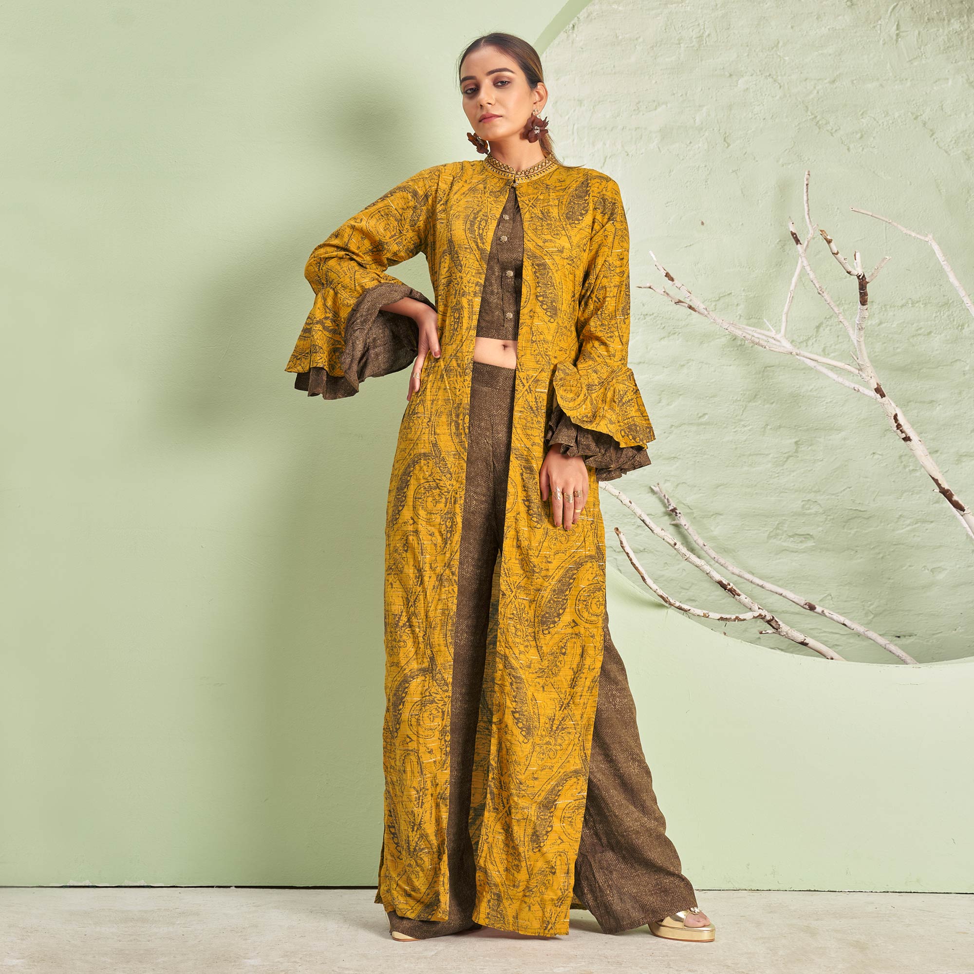 Mustard & Brown Printed Rayon Palazzo Suit With Jacket