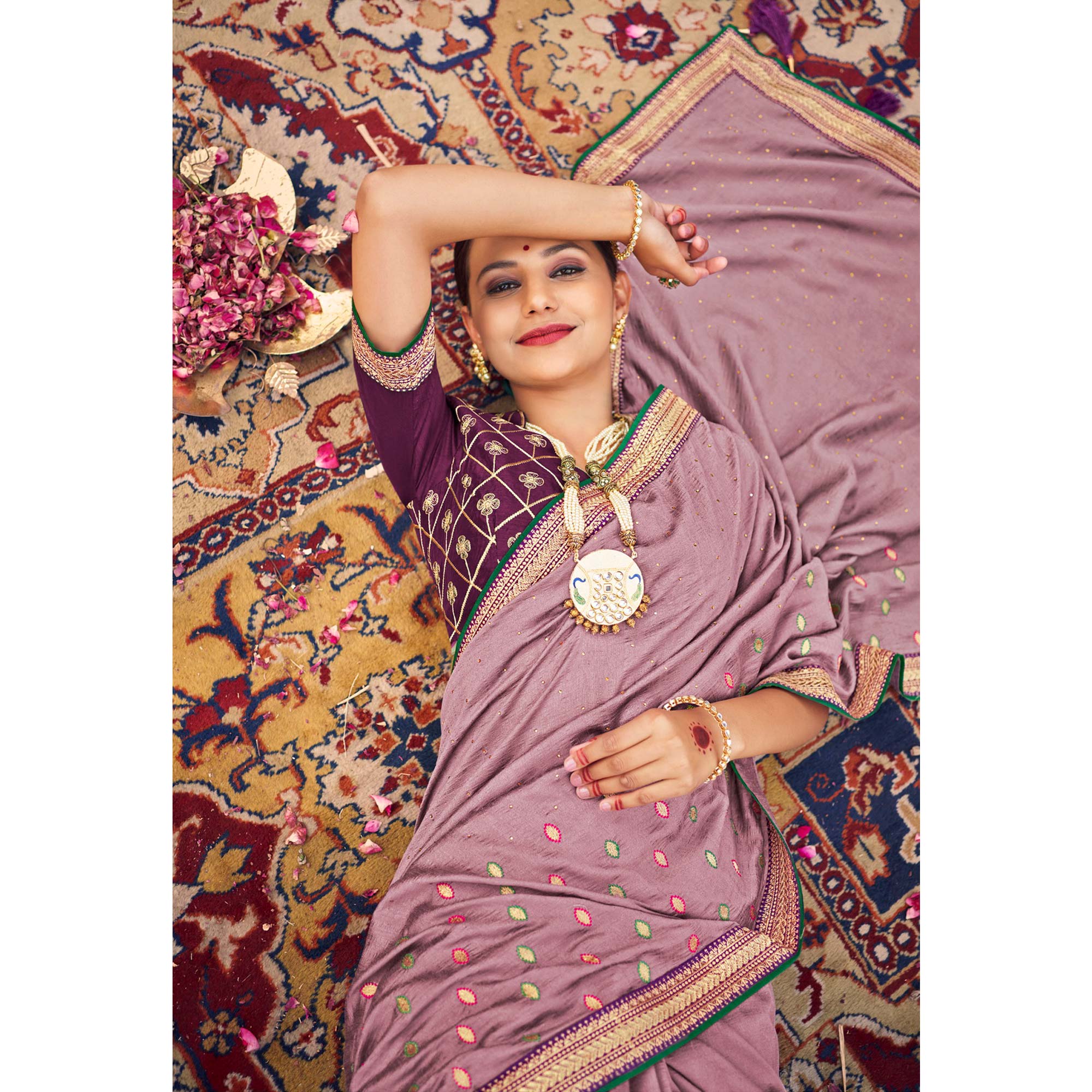 Dusty Pink Embroidered With Stone Work Vichitra Silk Saree