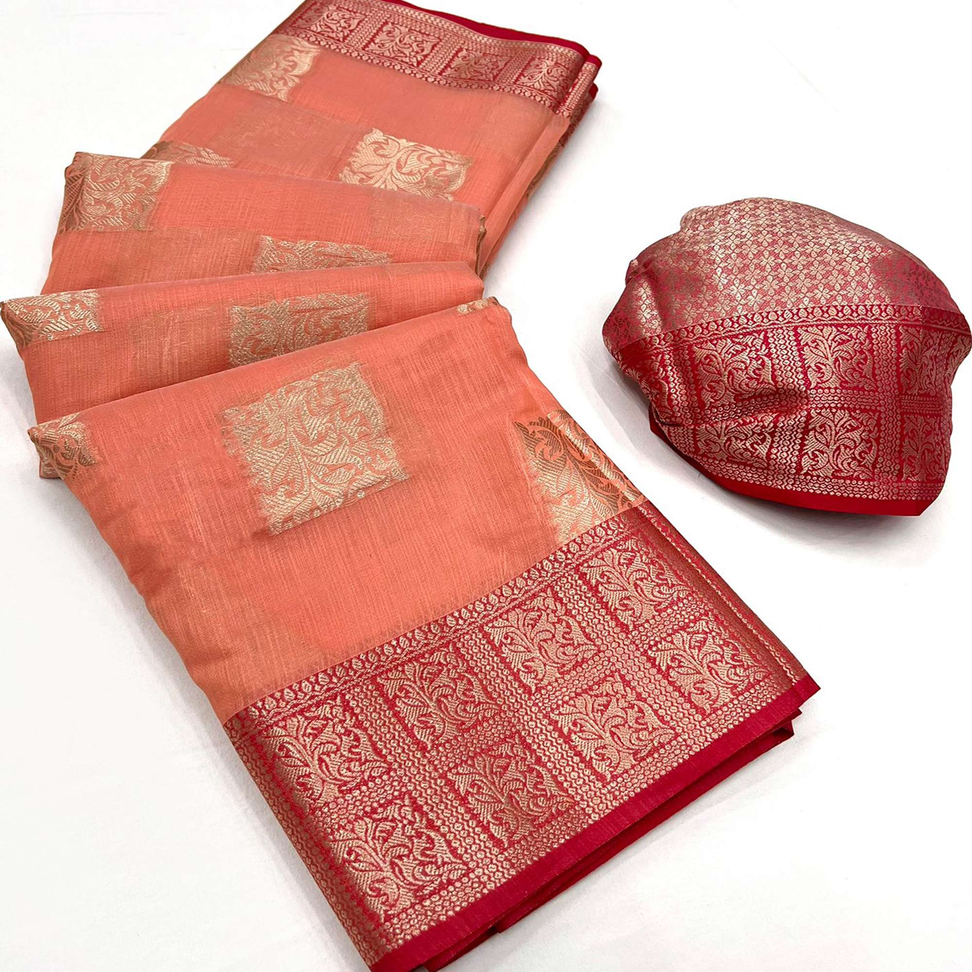 Peach Woven Linen Saree With Tassels