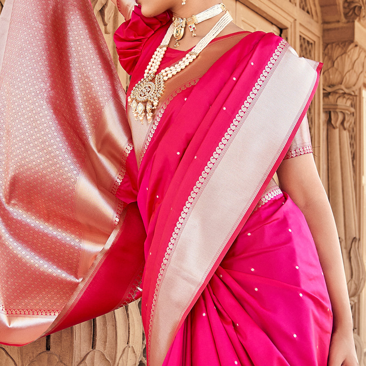 Pink Woven Satin Saree