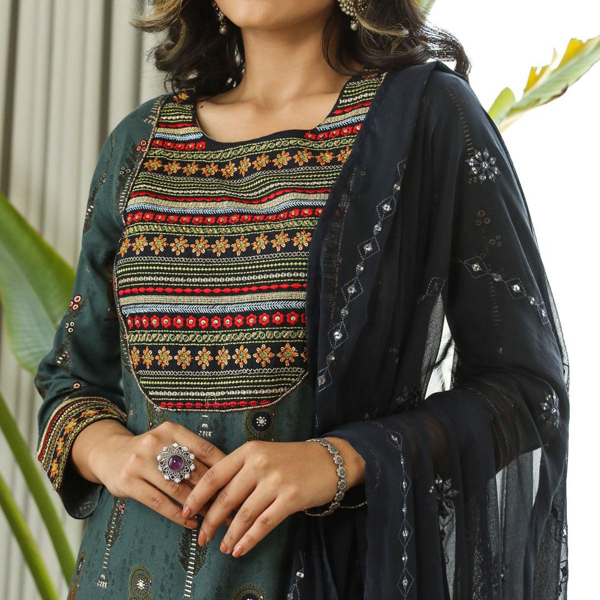 Blue Printed With Embroidered Rayon Palazzo Suit