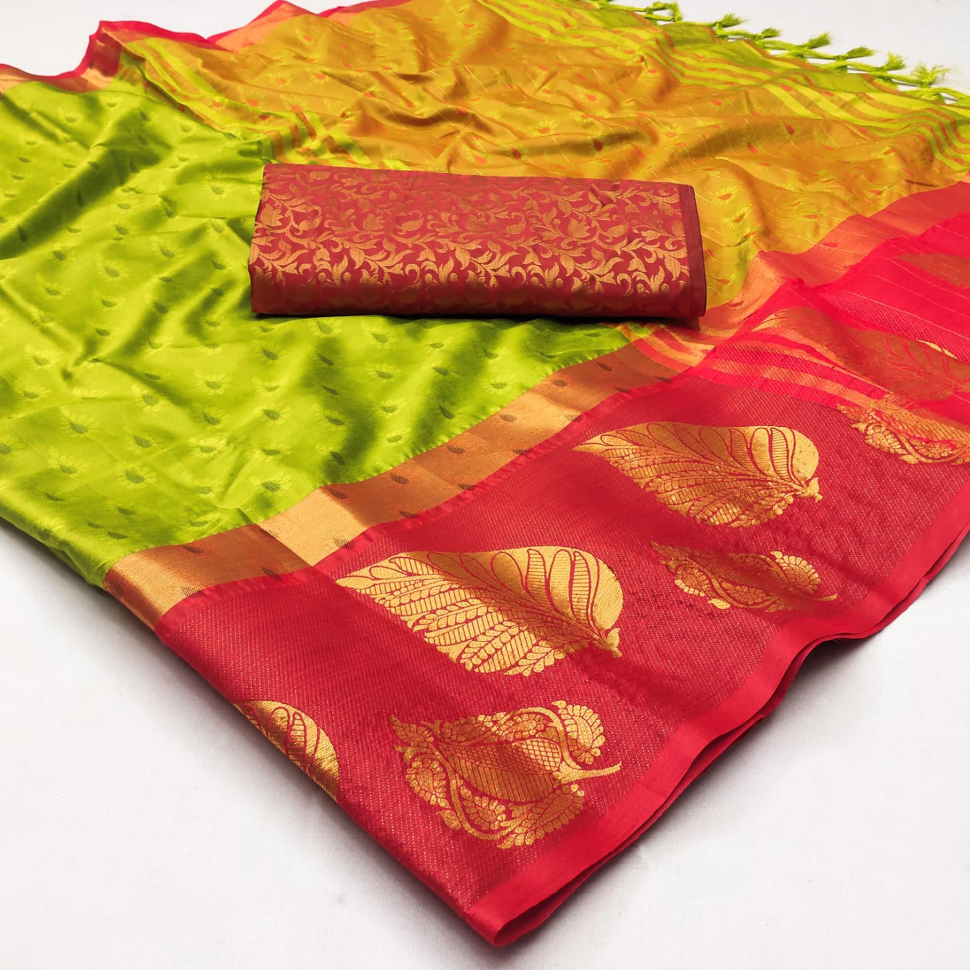 Lemon Green & Red Woven Cotton Silk Saree With Tassels
