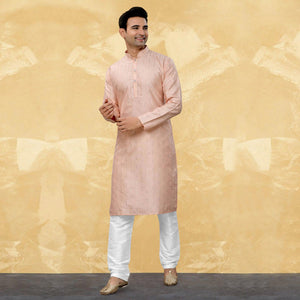 Peach Sequins Embroidered Art Silk Kurta Pyjama Set