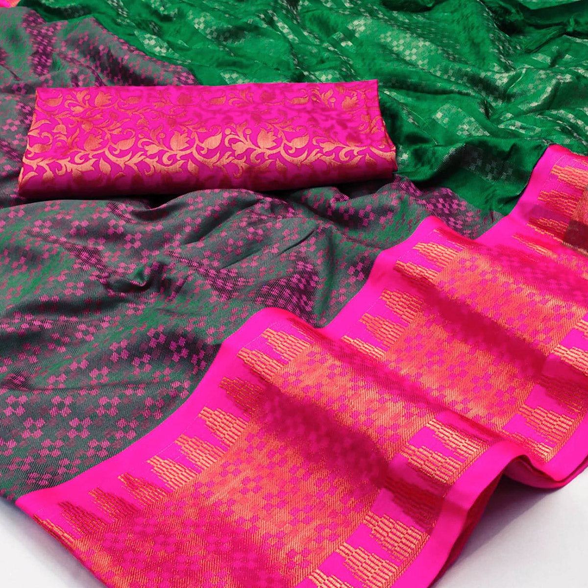 Green Woven Cotton Silk Saree With Tassels