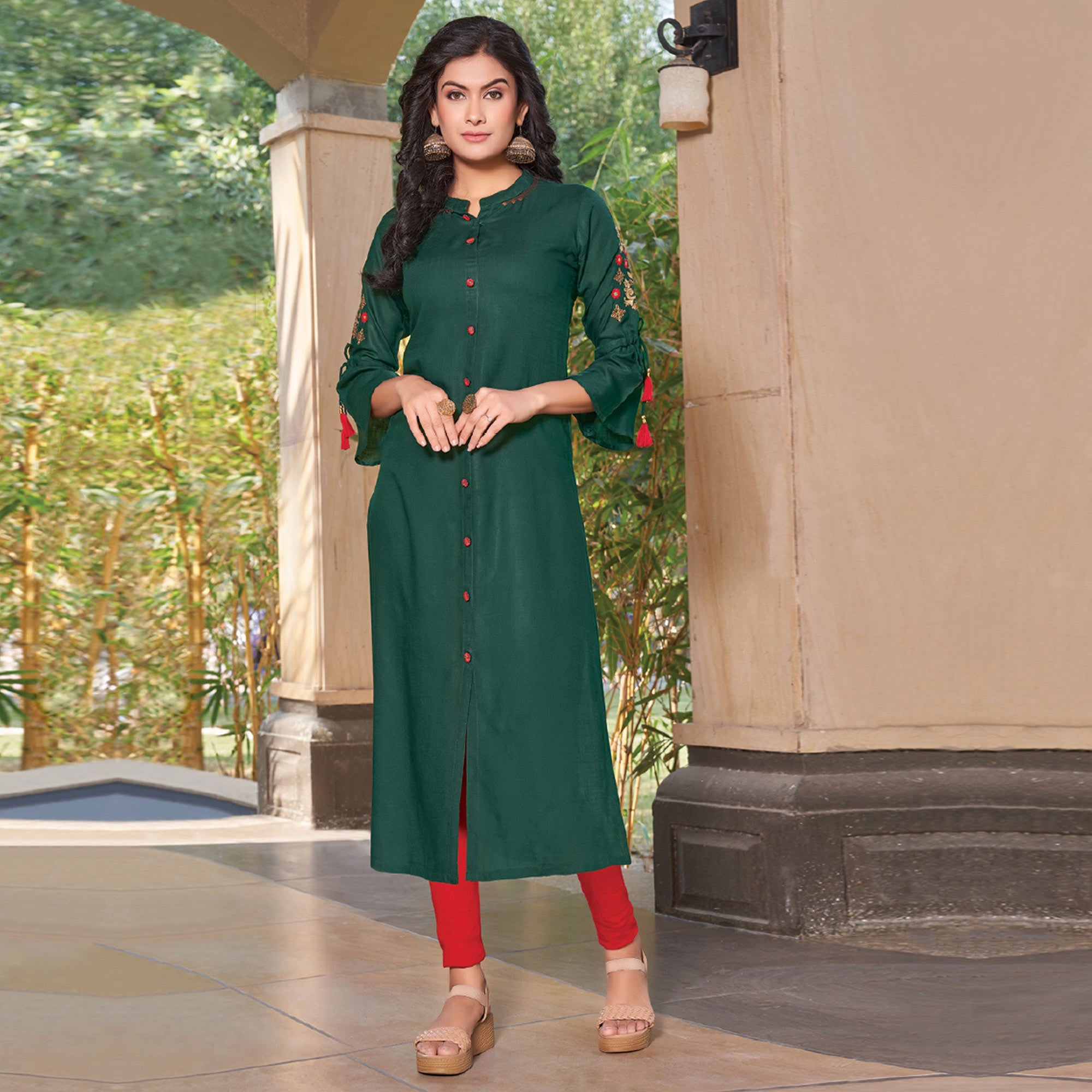 Green Floral Embroidered Rayon Kurti