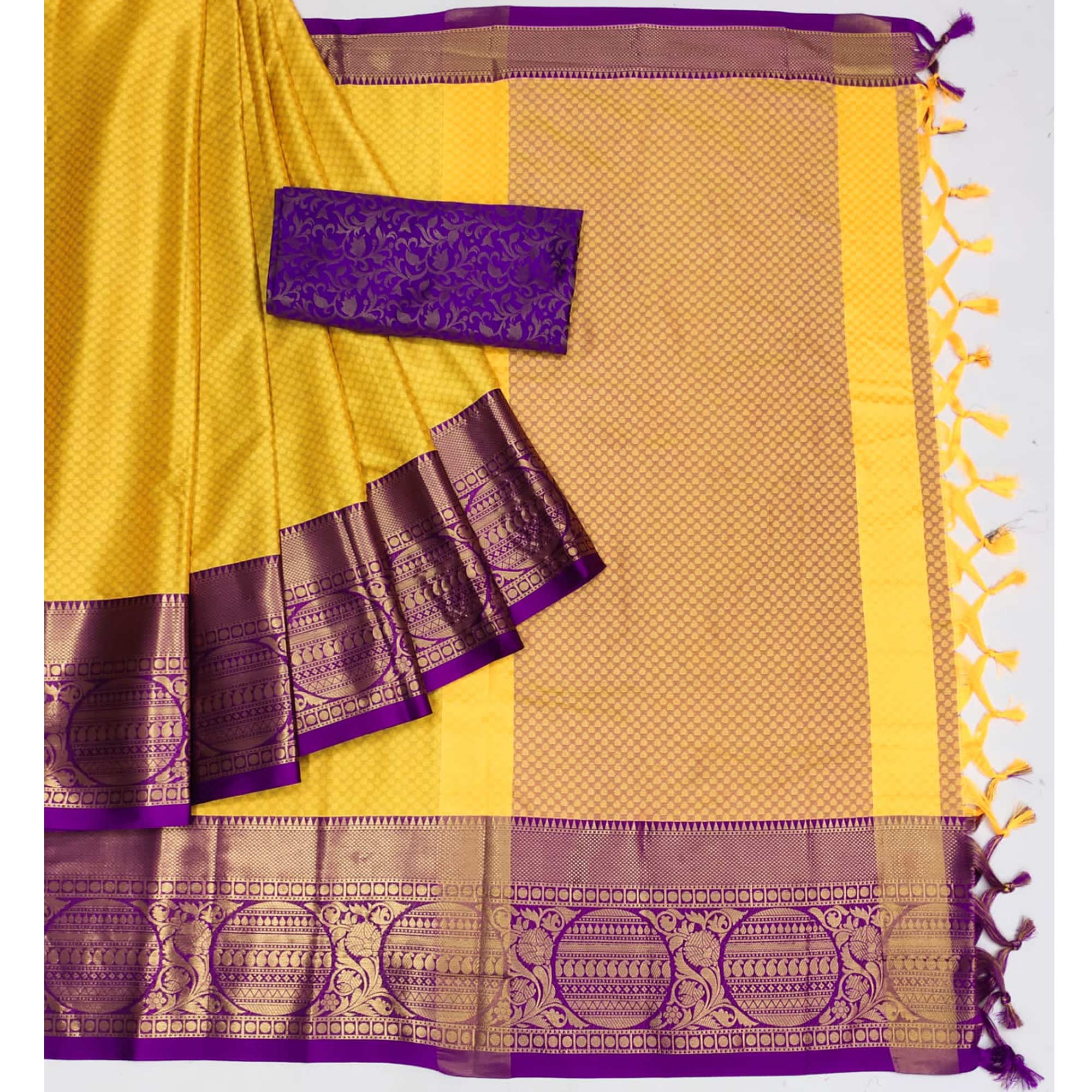 Yellow Woven Cotton Silk Saree With Tassels