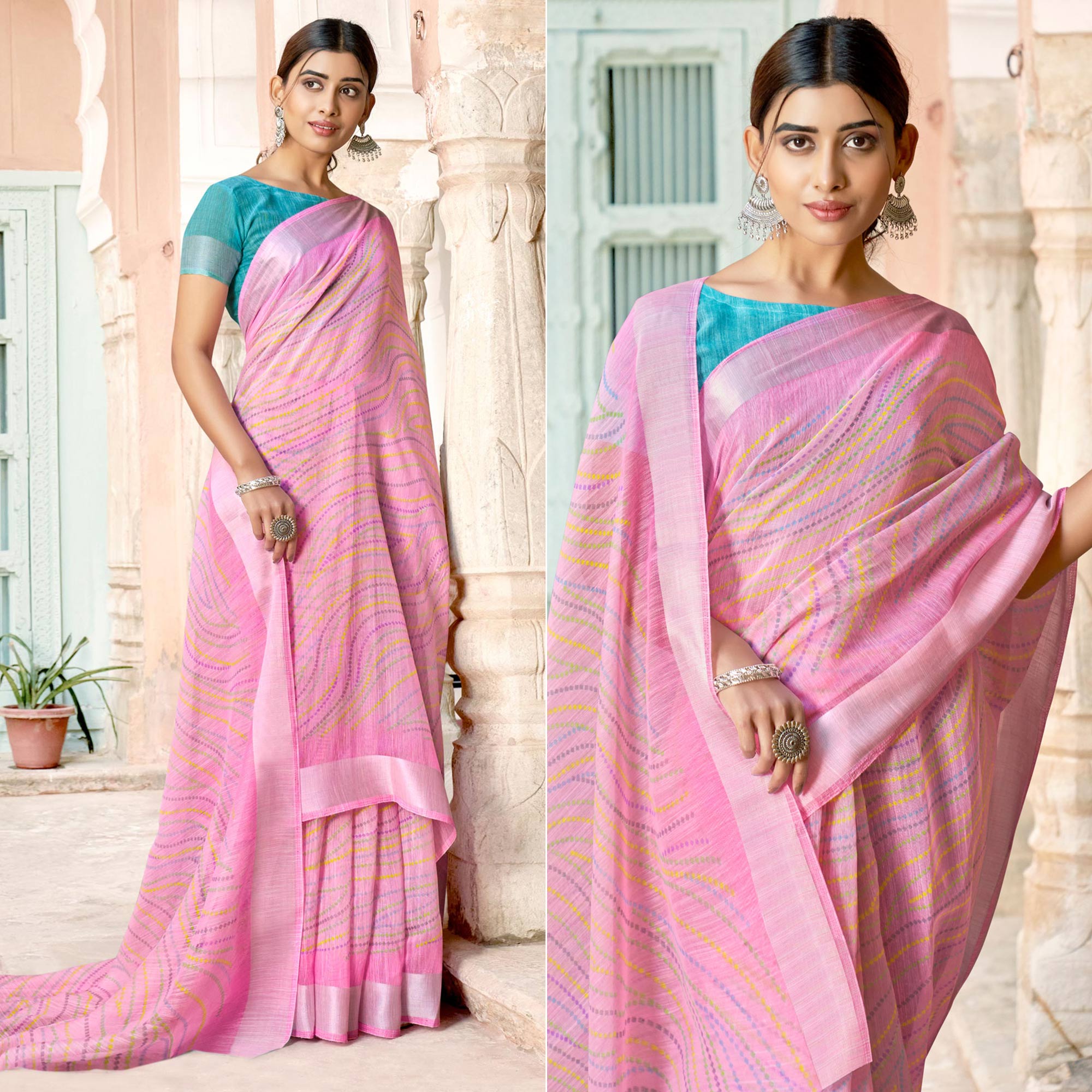 Pink Printed Cotton Blend Saree