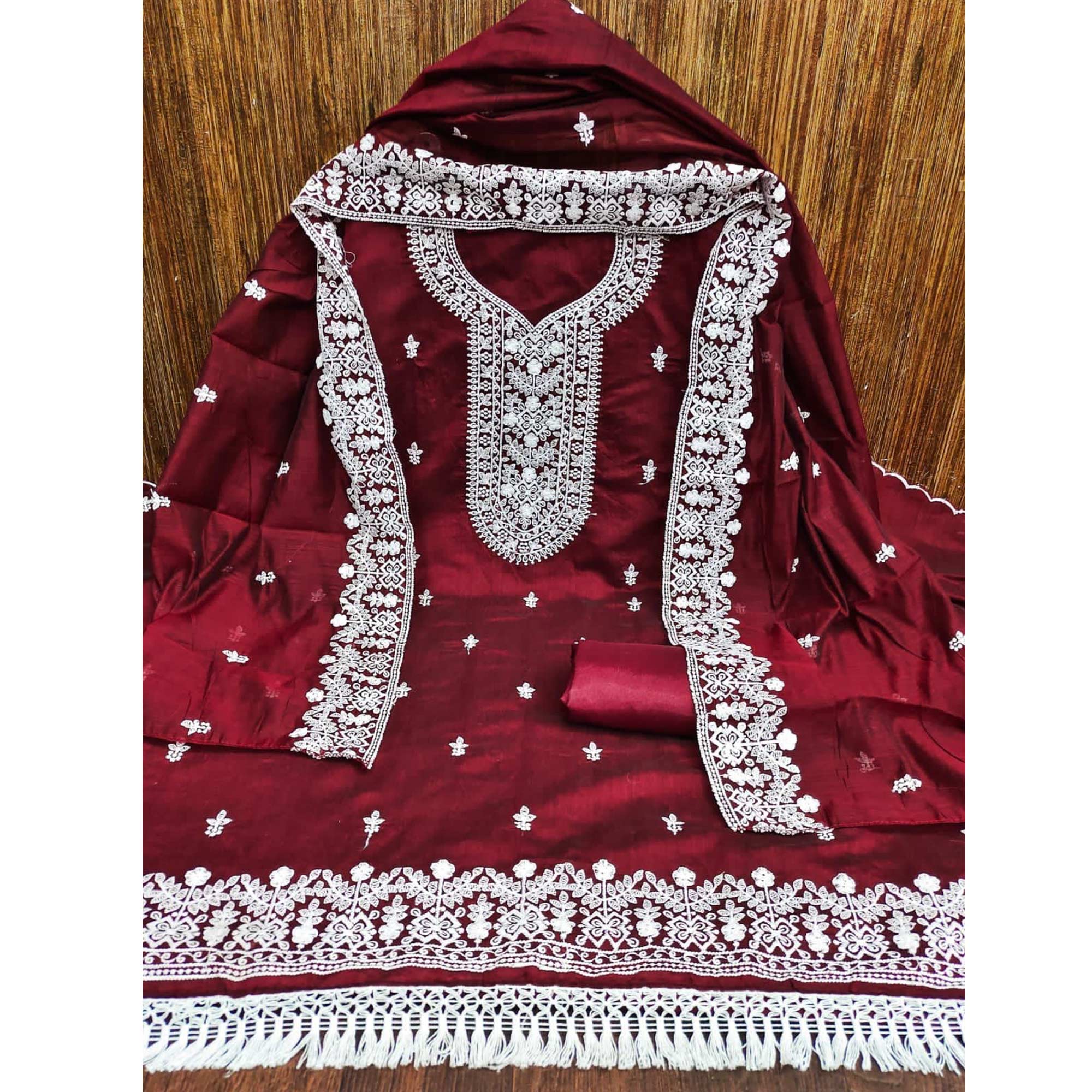 Maroon Lucknowi Embroidered Modal Dress Material