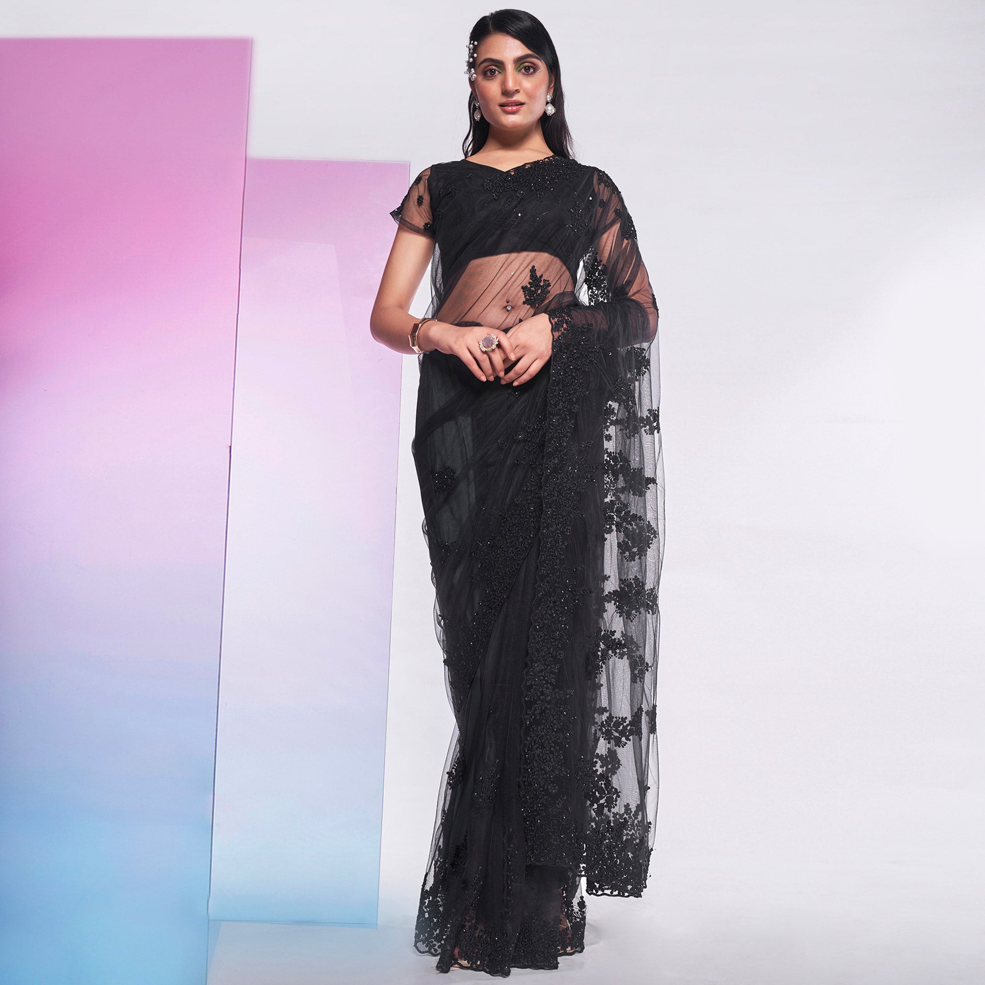 Black Floral Embroidered Net Saree