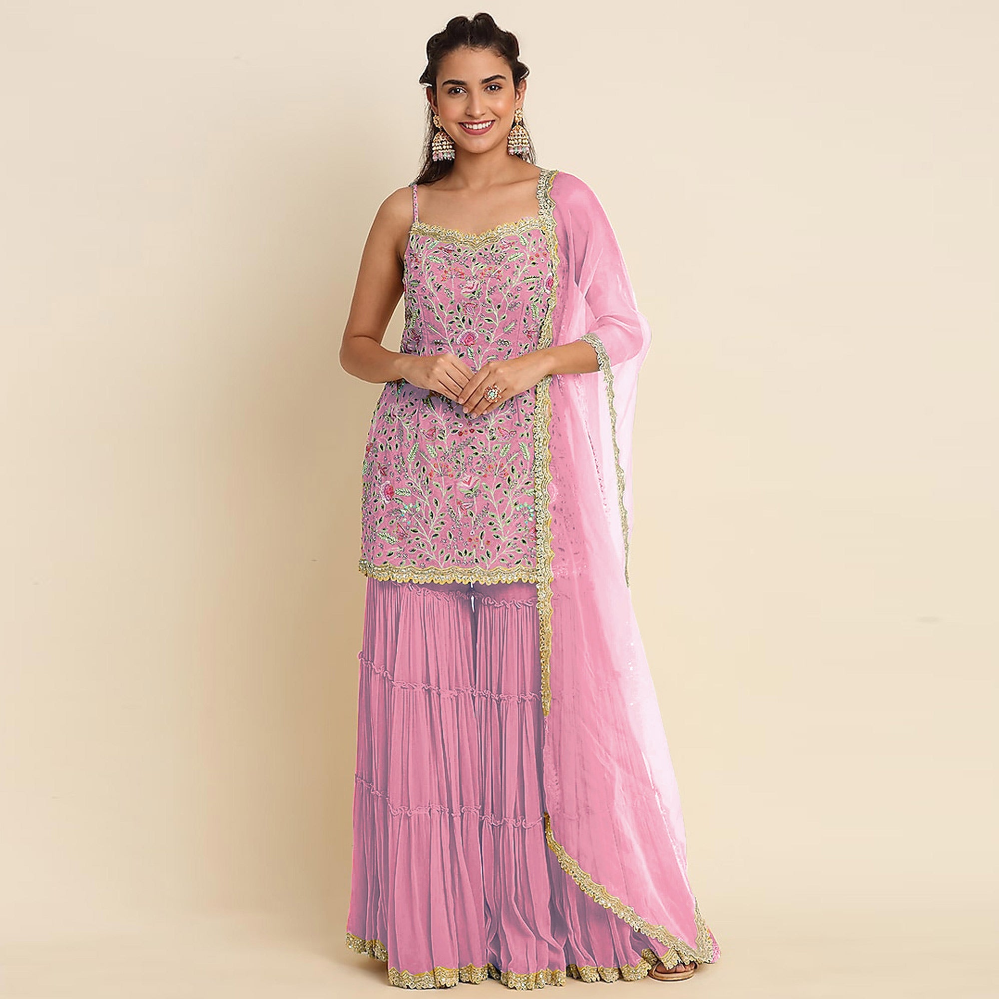 Pink Floral Sequins Embroidered Georgette Sharara Suit
