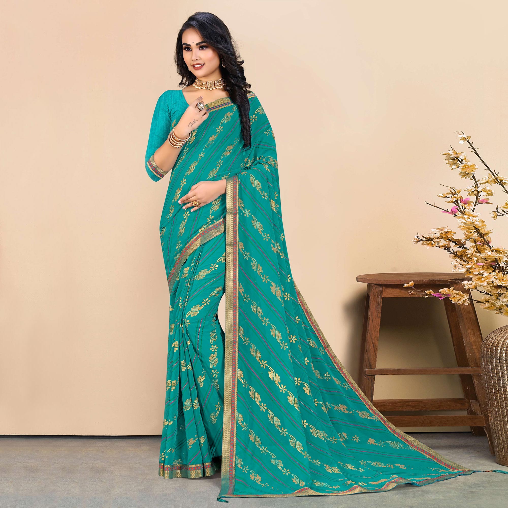 Rama Blue Foil Printed Georgette Saree