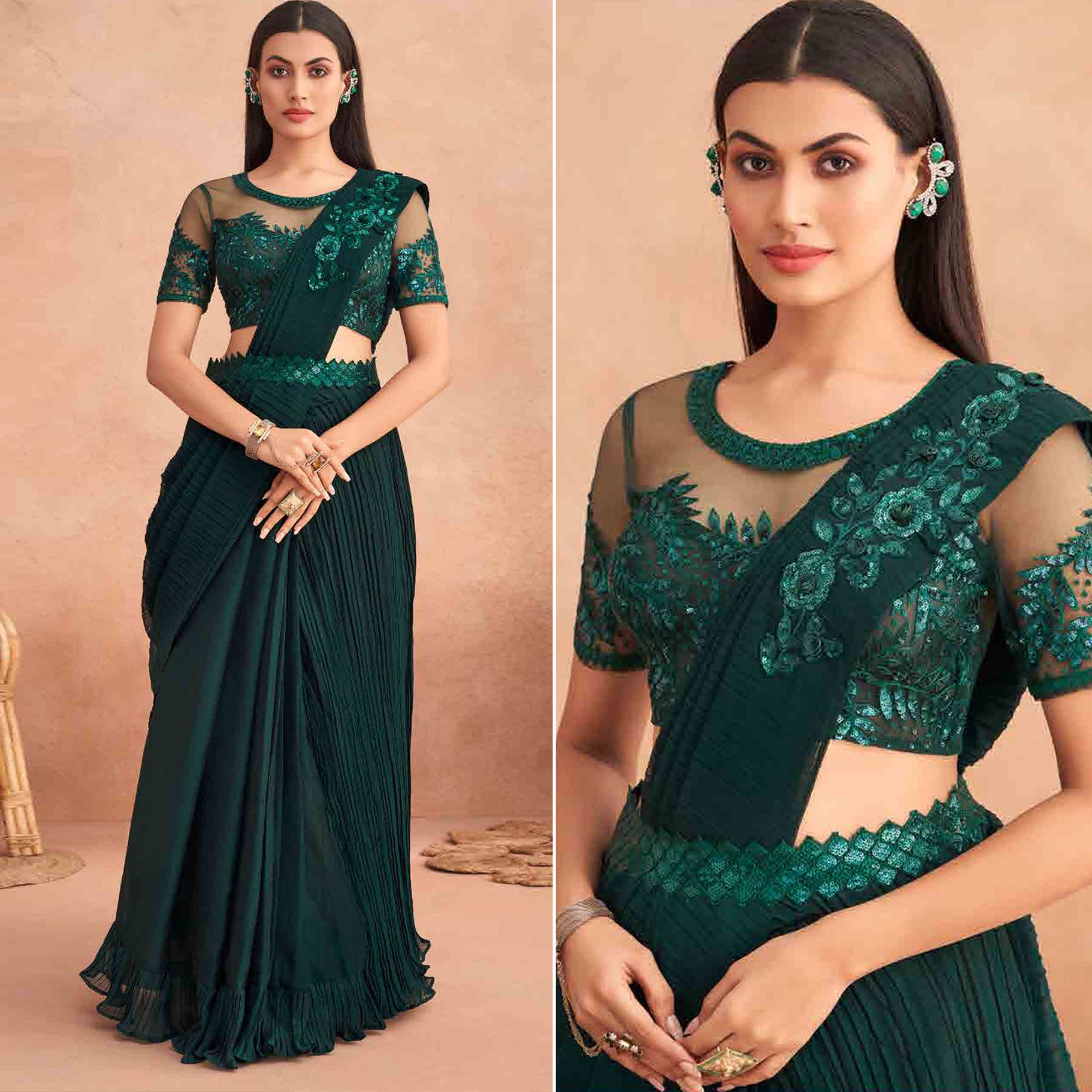 Bottle Green Sequins Embroidered Ready to Wear Chiffon Saree