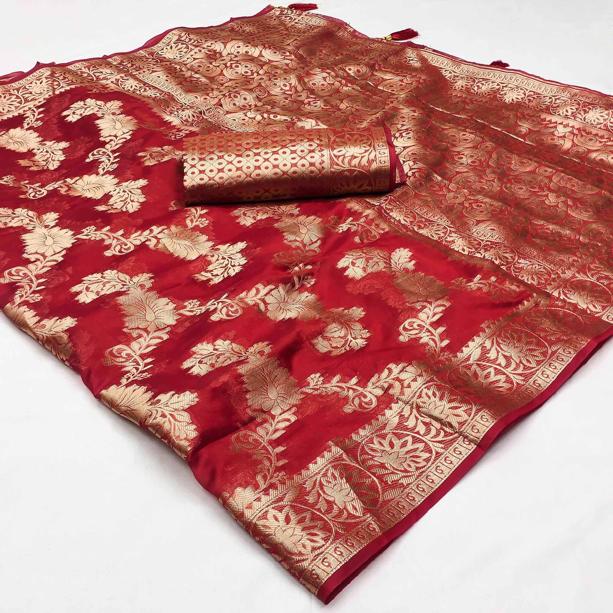 Red Floral Woven Art Silk Saree With Tassels