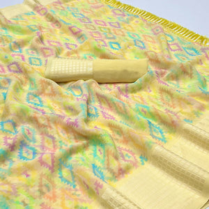 Yellow Printed Georgette Saree With Tassels