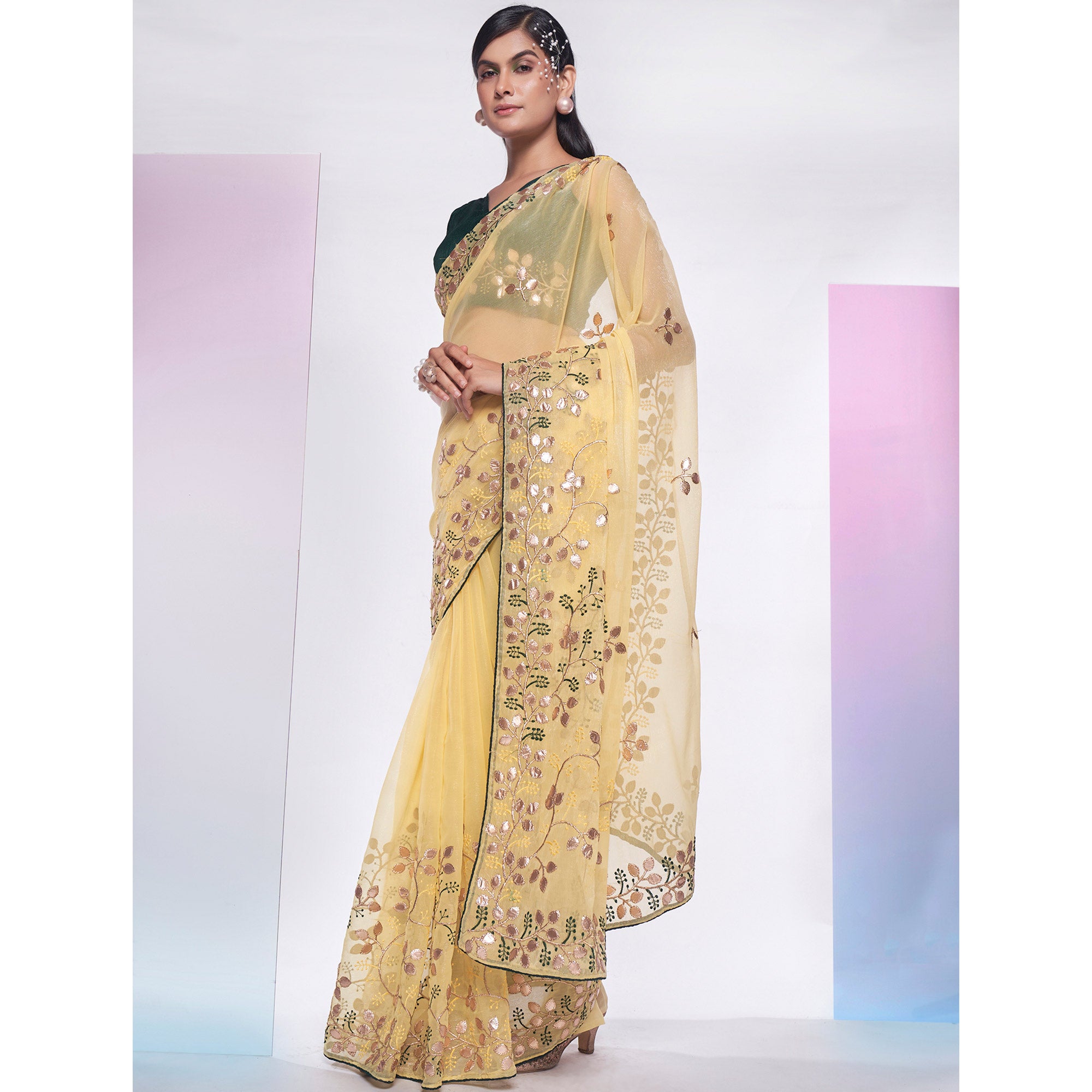 Yellow Floral Embroidered Georgette Saree