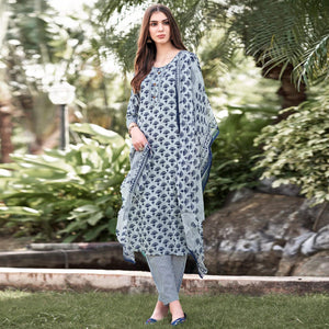 Blue Floral Printed Cotton Blend Suit