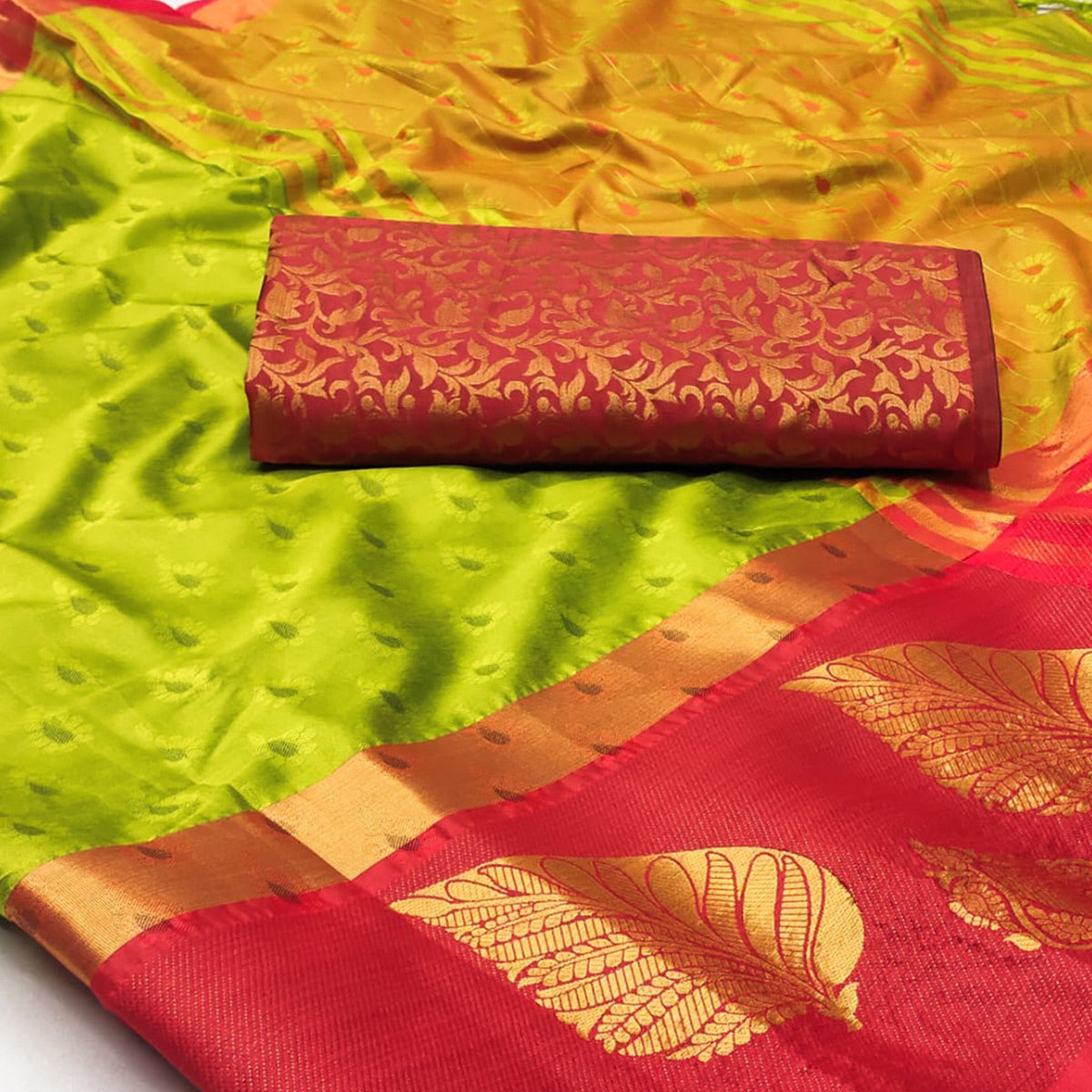 Lemon Green & Red Woven Cotton Silk Saree With Tassels