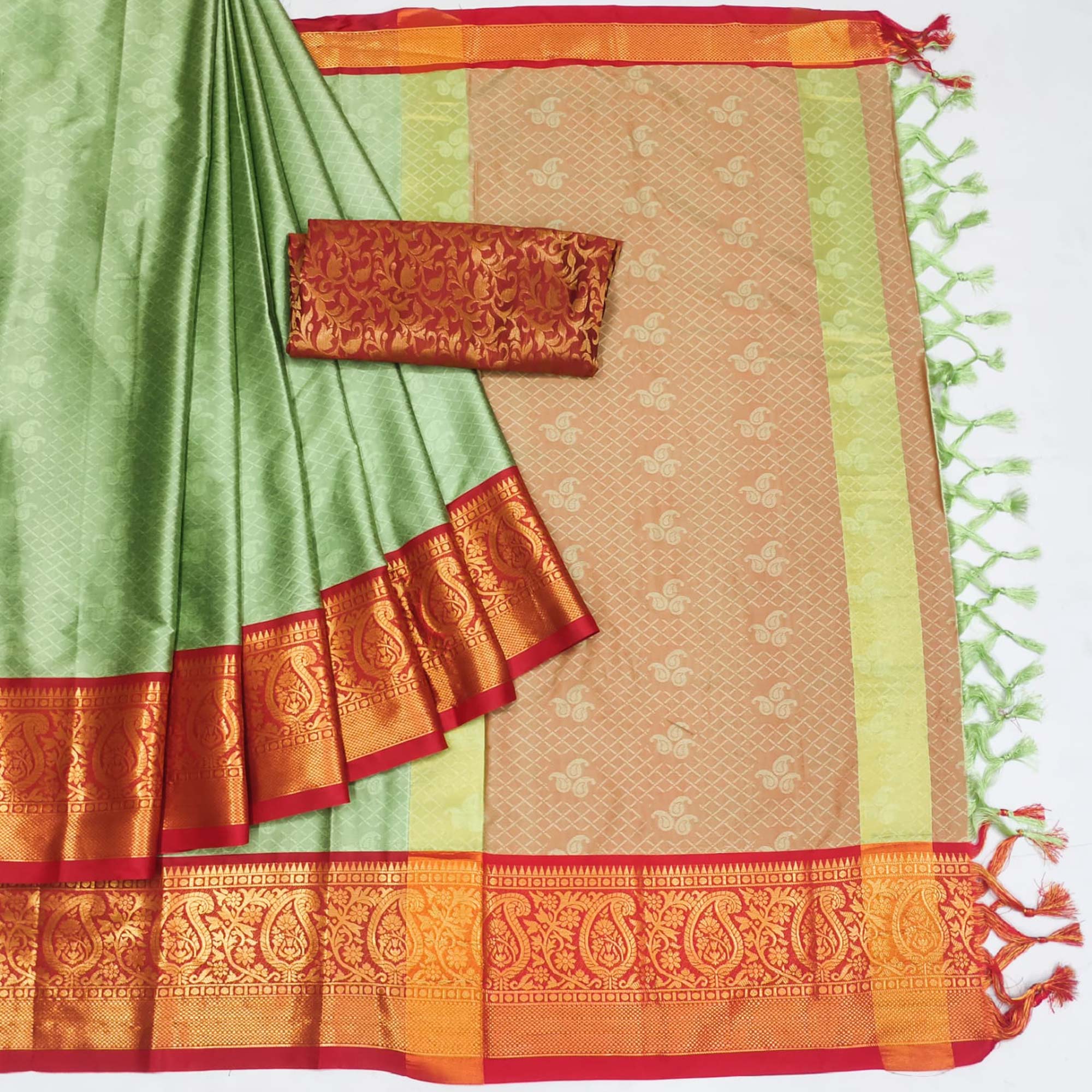 Pista Green Woven Cotton Silk Saree With Tassels