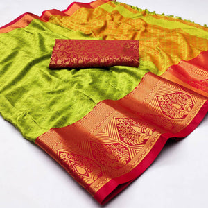 Green Woven Cotton Silk Saree With Tassels