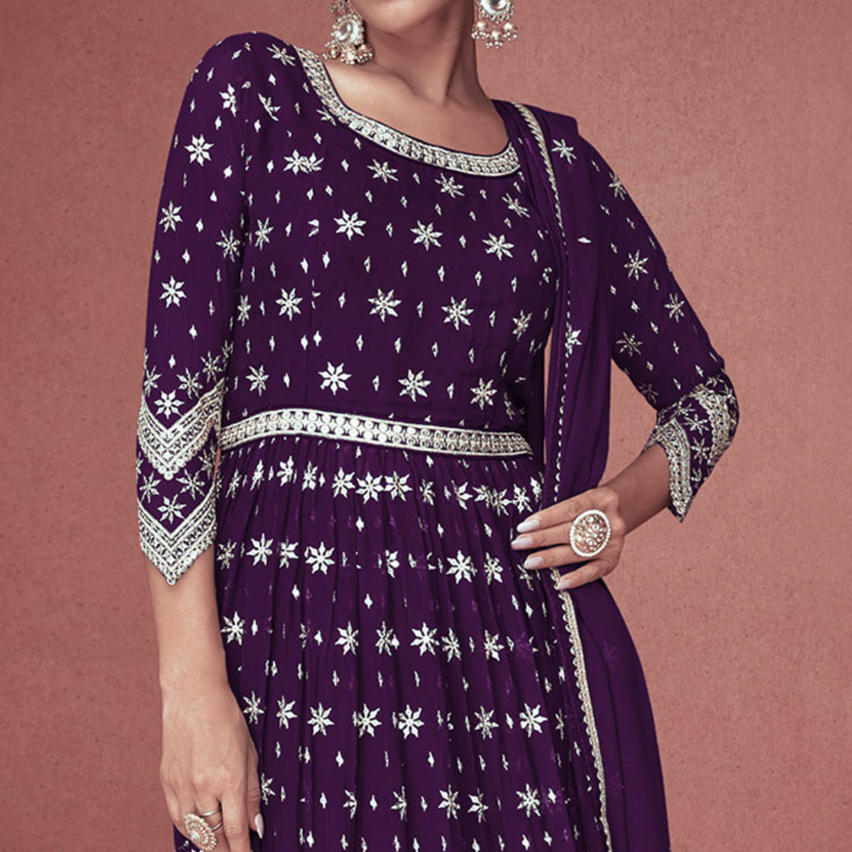 Purple Sequins Embroidered Georgette Semi Stitched Naira Cut Suit