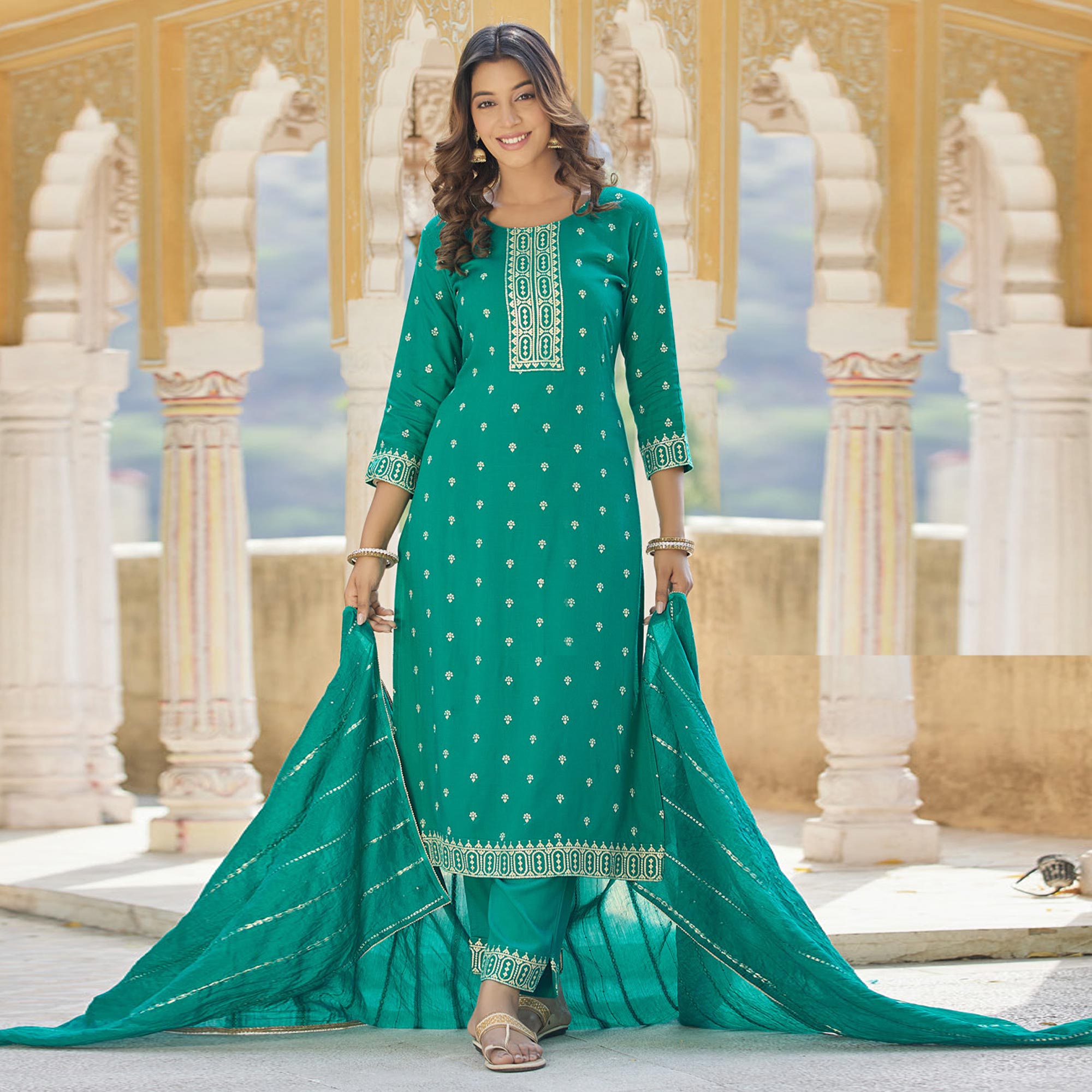 Rama Green Embroidered Cotton Salwar Suit